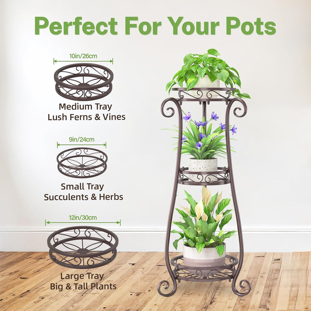 iDavosic.ly 3 Tier Tall Metal Plant Stand Outdoor Indoor, 34 Inch, Bronze | Corner Flower Pot Holder Shelf, Wrought