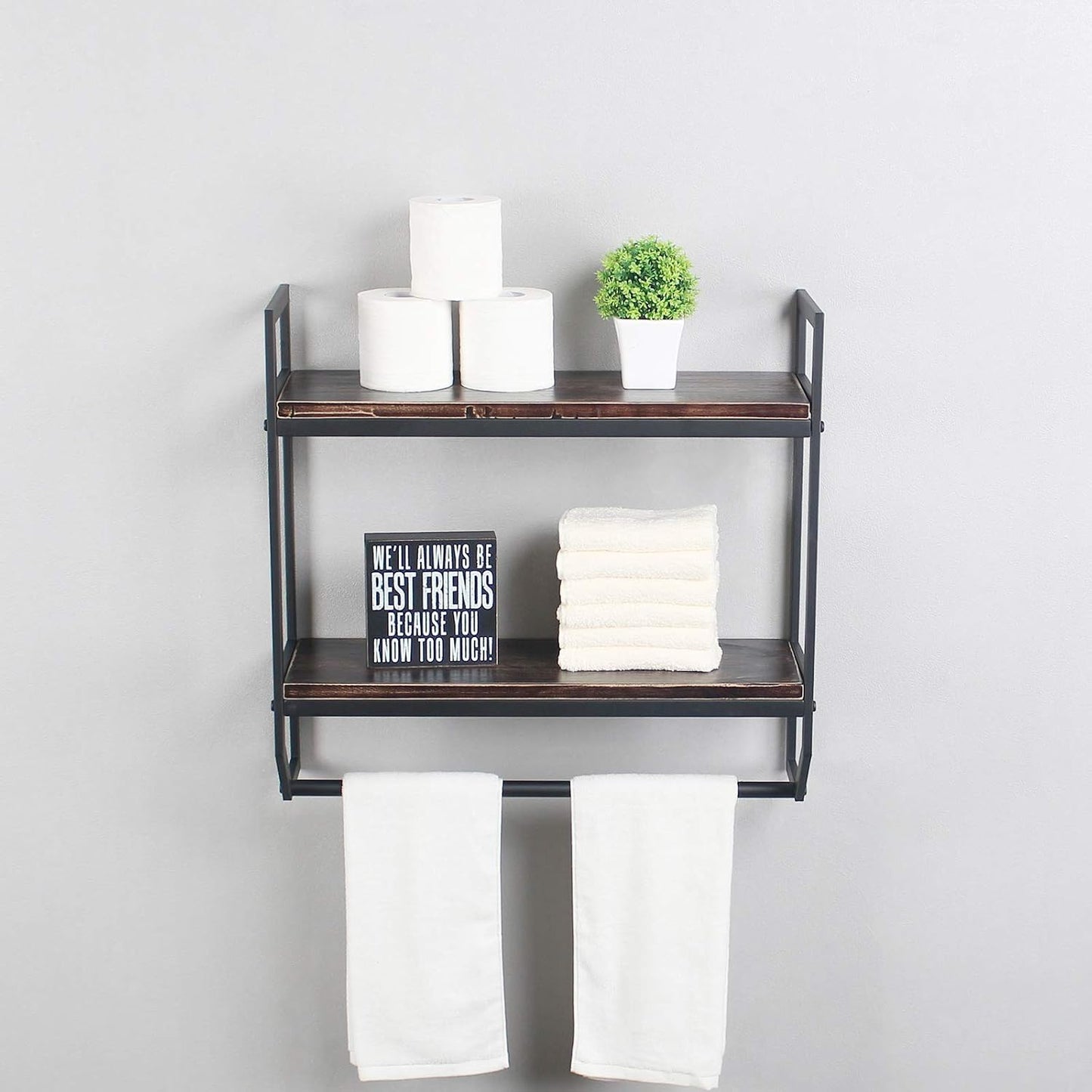 2-Tier Metal Industrial 23.6" Bathroom Shelves Wall Mounted,Rustic Wall Shelf Over Toilet,Towel Rack with Towel