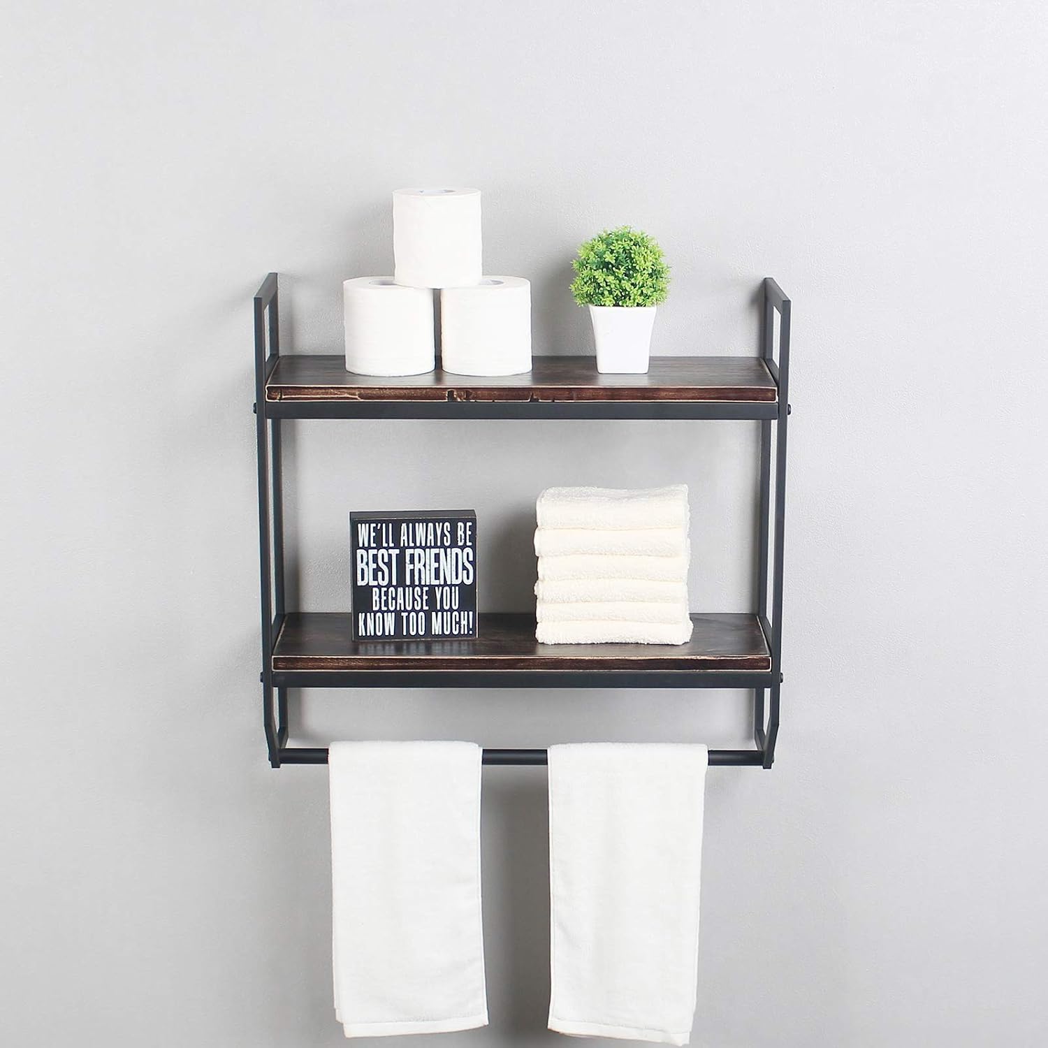 2-Tier Metal Industrial 23.6" Bathroom Shelves Wall Mounted,Rustic Wall Shelf Over Toilet,Towel Rack with Towel