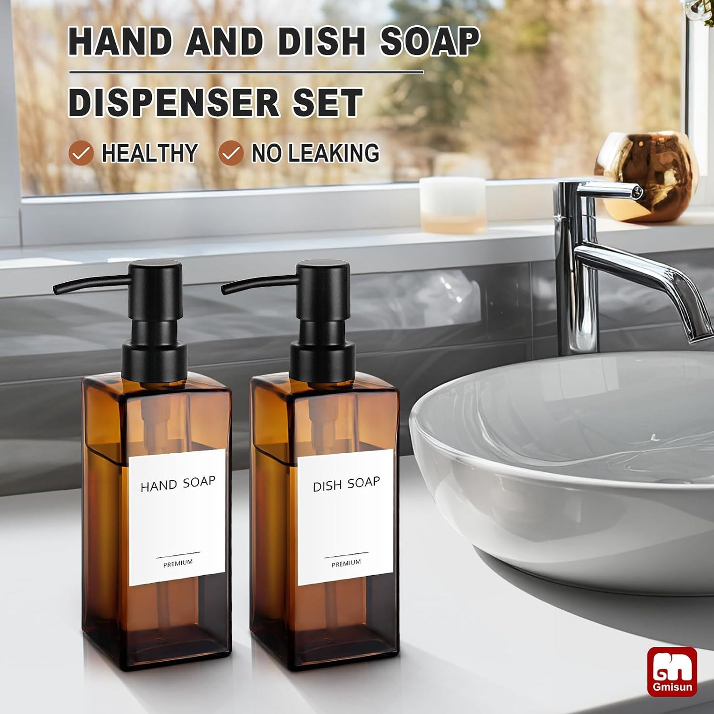 GMISUN Amber Glass Soap Dispenser, 2 Pack Hand Soap Dispenser Bathroom, 12 fl oz/350ml Dish Dispenser Set for Kitchen