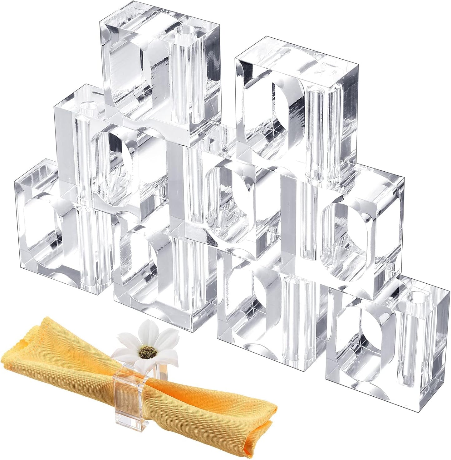 12 Pcs Acrylic Napkin Rings Clear Napkin Holder Bulk | Square Flower Bud Vase Combo for Wedding, Birthday Banquet Table