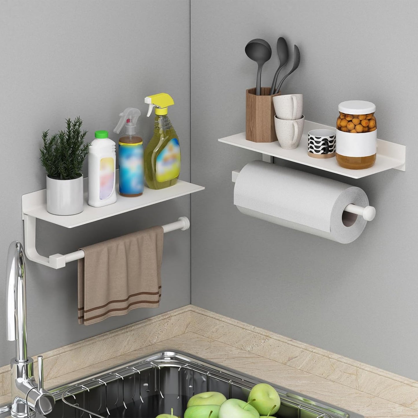 White Paper Towel Holder with Shelf Wall Mount, Adhesive Hand Towel Holder for Bathroom, Kitchen Towel Holder