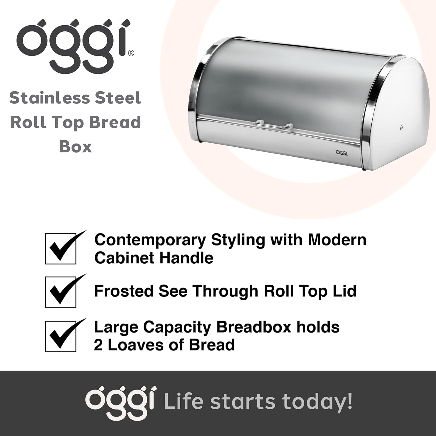 Oggi Stainless Steel Roll Top Bread Box for Kitchen Countertop with Frosted Plexilass Lid - Fits Multiple Loaves of