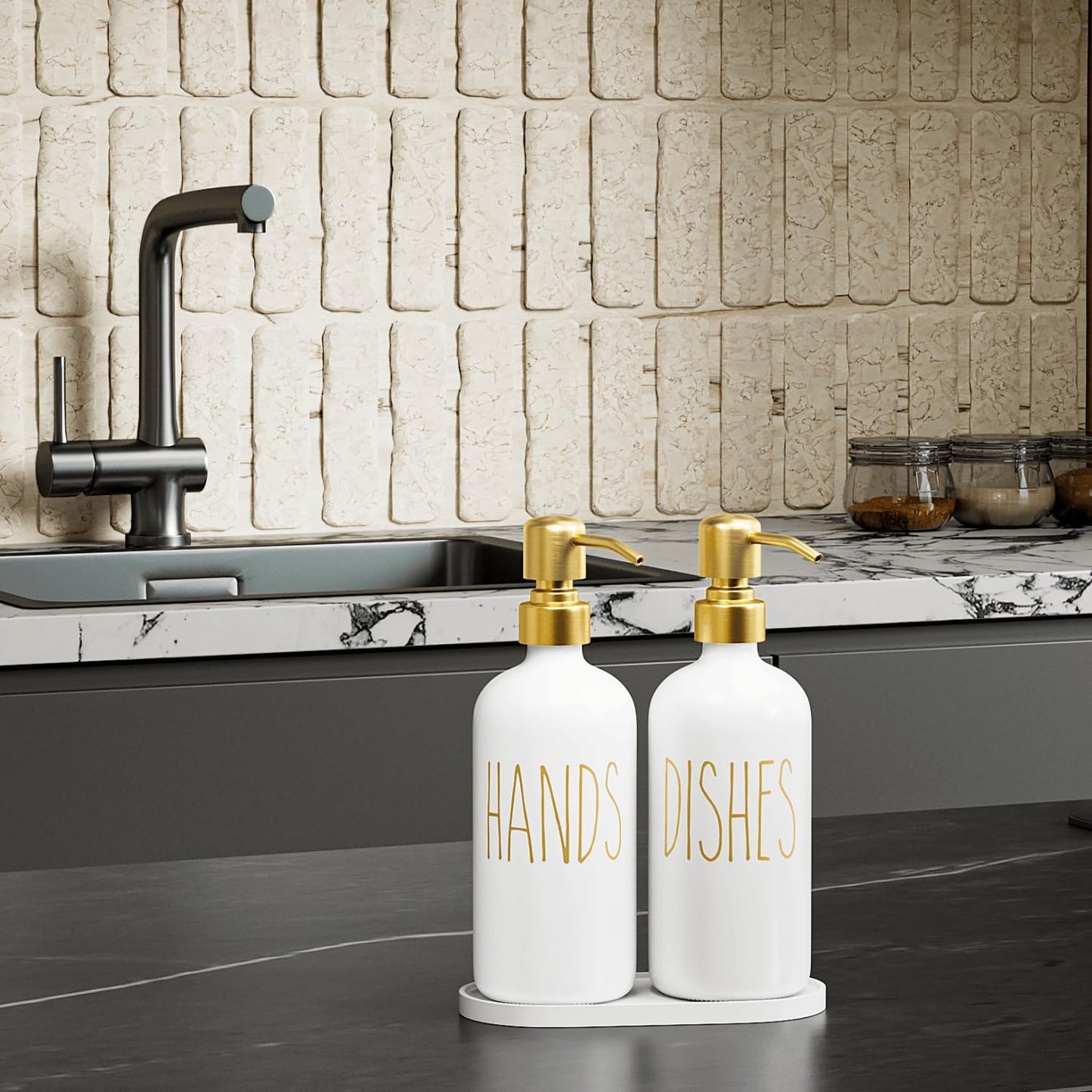 MOMEEMO Kitchen Soap Dispenser Set, White | Contains Dish and Hand Soap Dispenser, Suitable for Kitchen Counter Decor