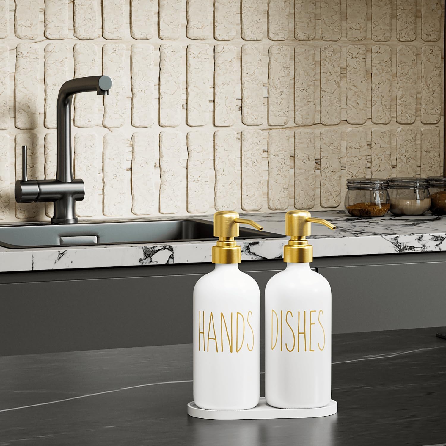 MOMEEMO Kitchen Soap Dispenser Set, White | Contains Dish and Hand Soap Dispenser, Suitable for Kitchen Counter Decor