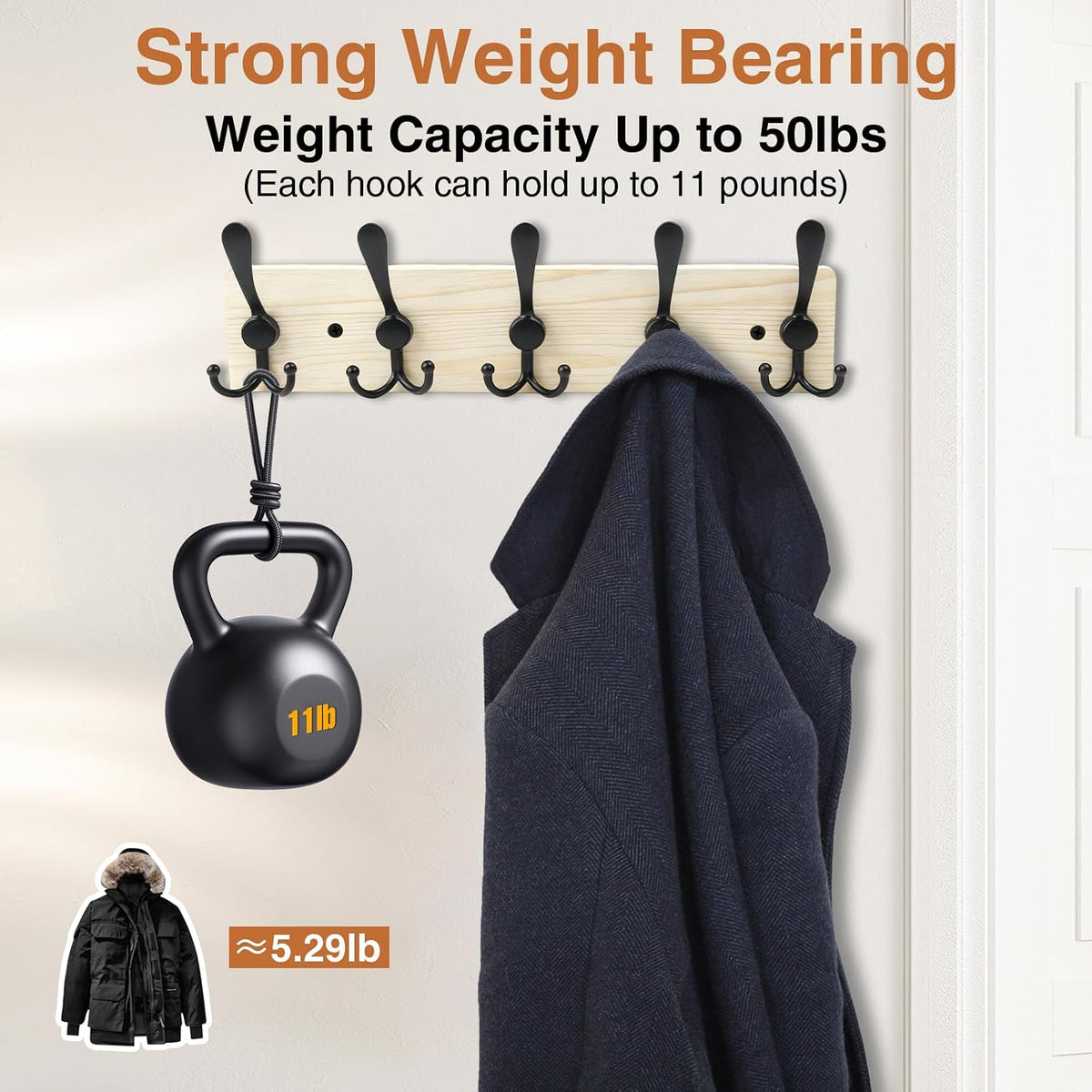 Wooden Coat Rack Wall Mount Heavy Duty, 2 Pack Coat Hanger Wall Mount with 5 Triple Hooks for Clothes, Jacket, Hat