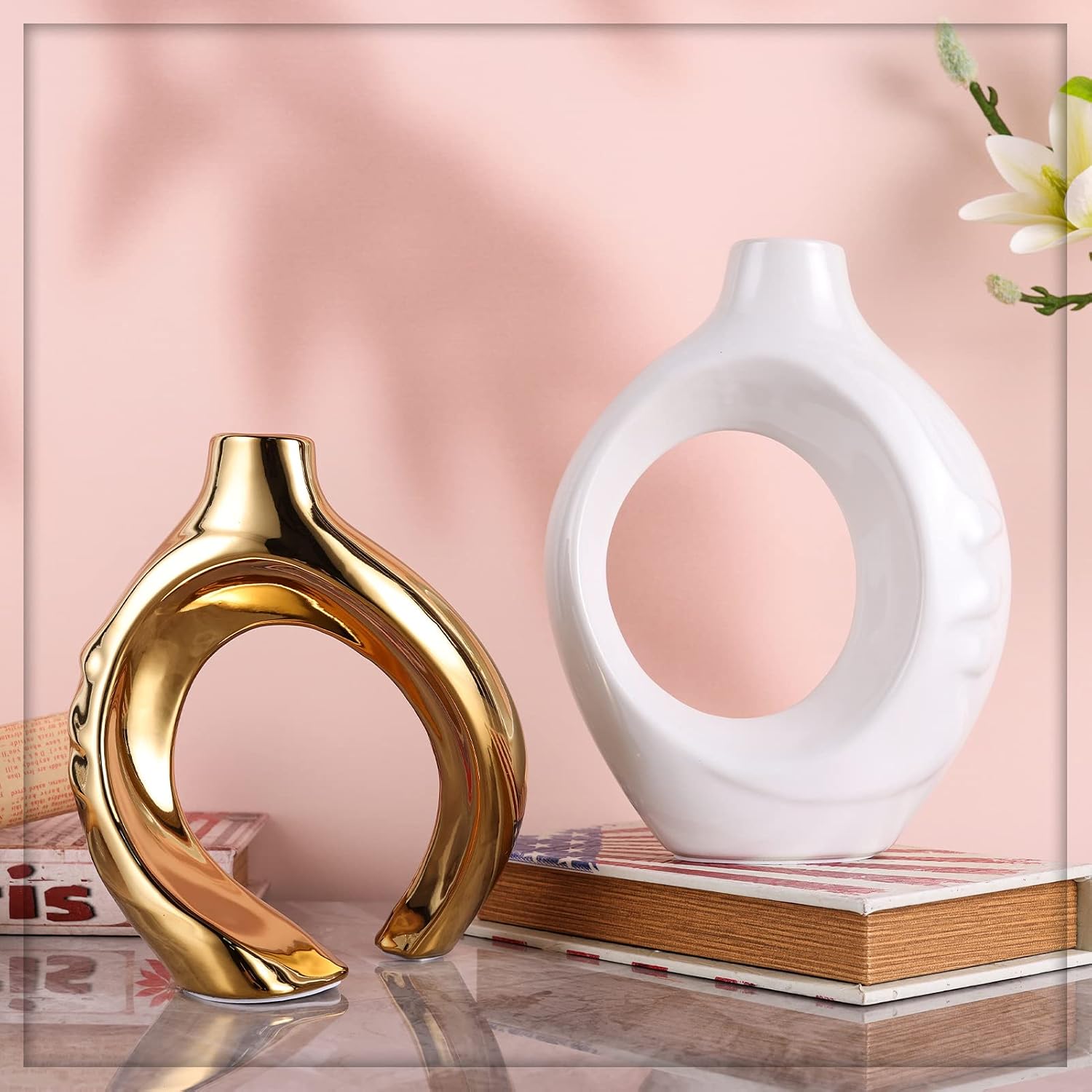 Ceramic Decorative Vase Home Decor / White Gold / Set of 2
