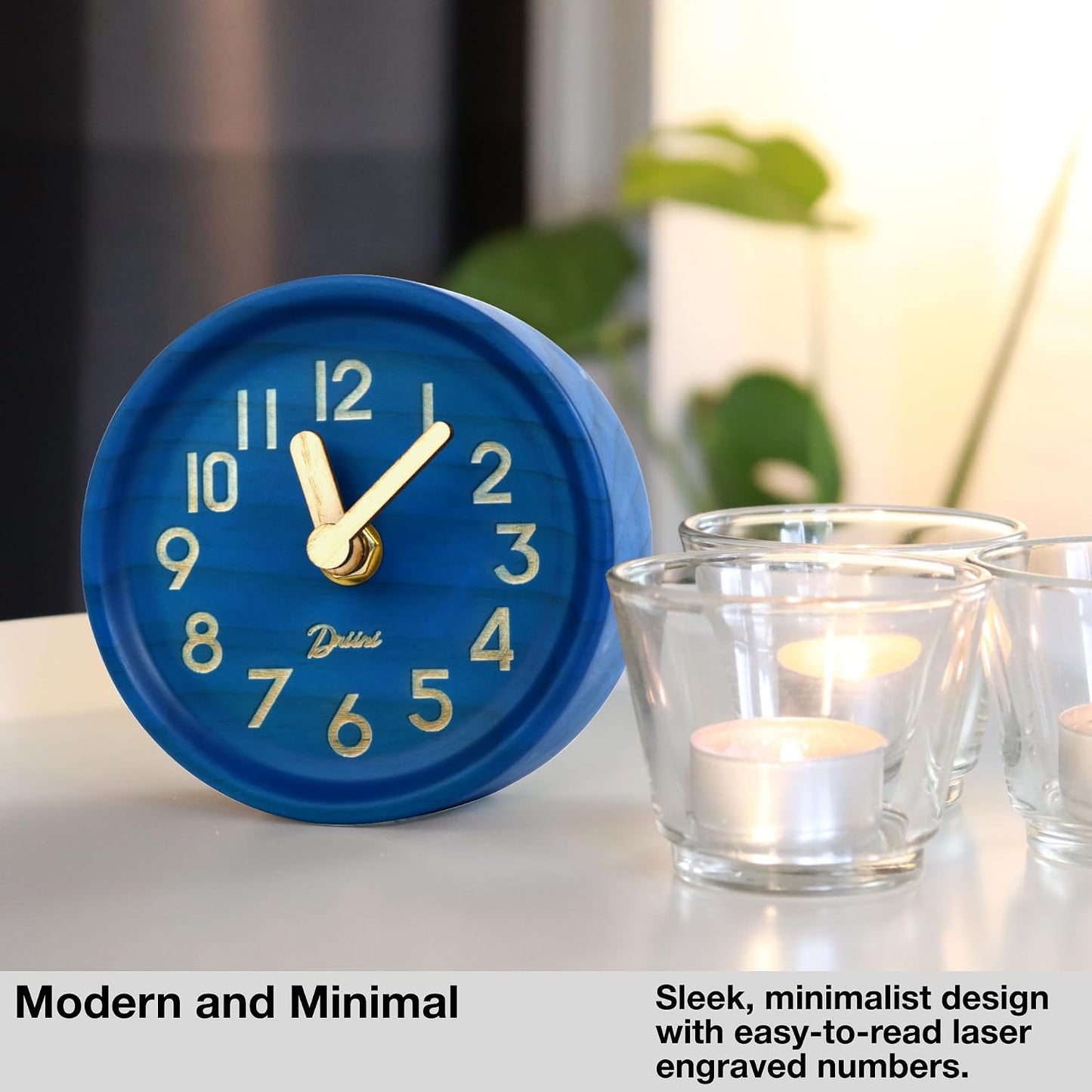 Driini Wooden Analog Desktop Clock – 4.3 in. Decorative Pinewood, No-Tick Design – Easy to Read Silent Sweep Mantle