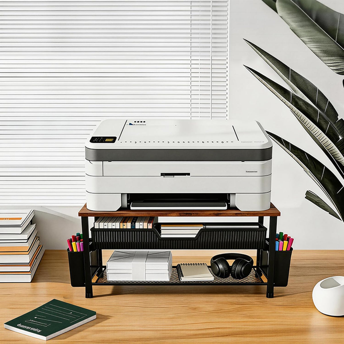 Printer Stand for Desk, Desk Organizer with Storage, Desktop Printer Table for Home Office, Multi-Purpose Shelves for