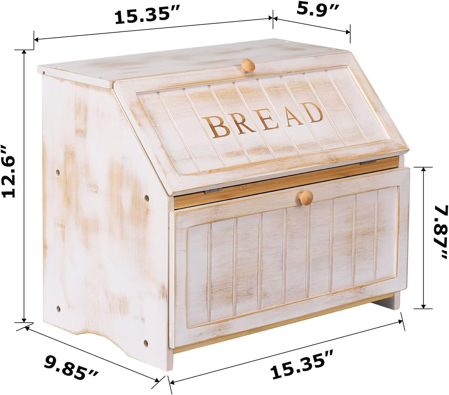 HOMEKOKO Vintage Double Layer Farmhouse Bread Box for Kitchen Counter,White | Keeps Bread Fresh 3-4 Days, 2-Tier