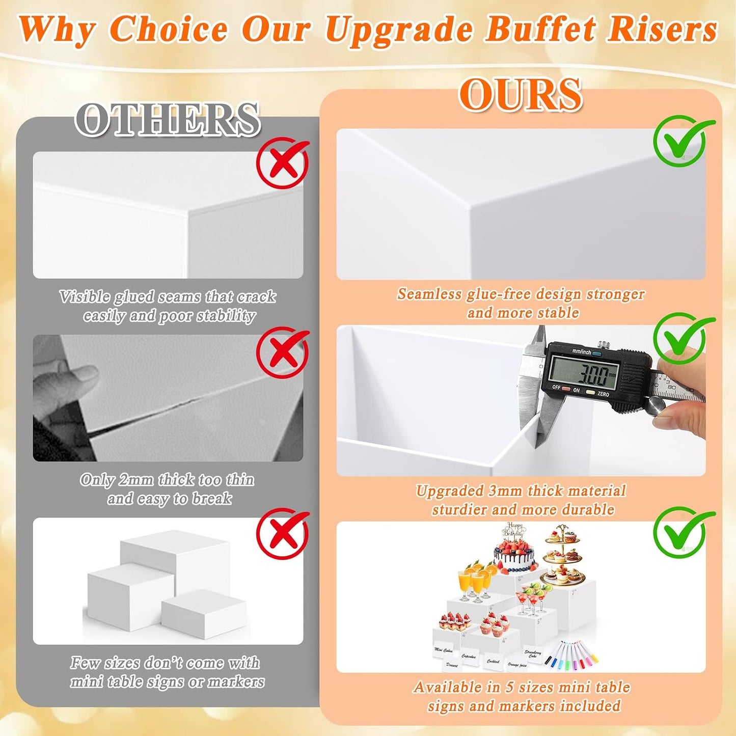 White Acrylic Buffet Risers and Stand Food Risers with Mini Sign and Maker | Food Display Stands for Buffet Table Party