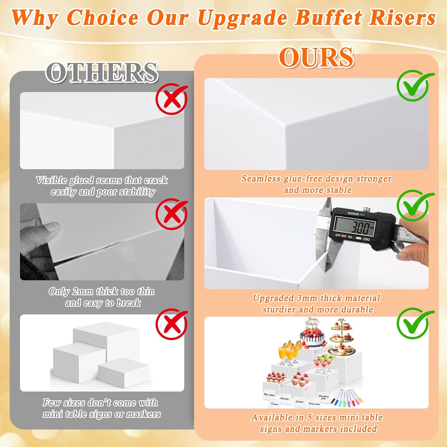 White Acrylic Buffet Risers and Stand Food Risers with Mini Sign and Maker | Food Display Stands for Buffet Table Party