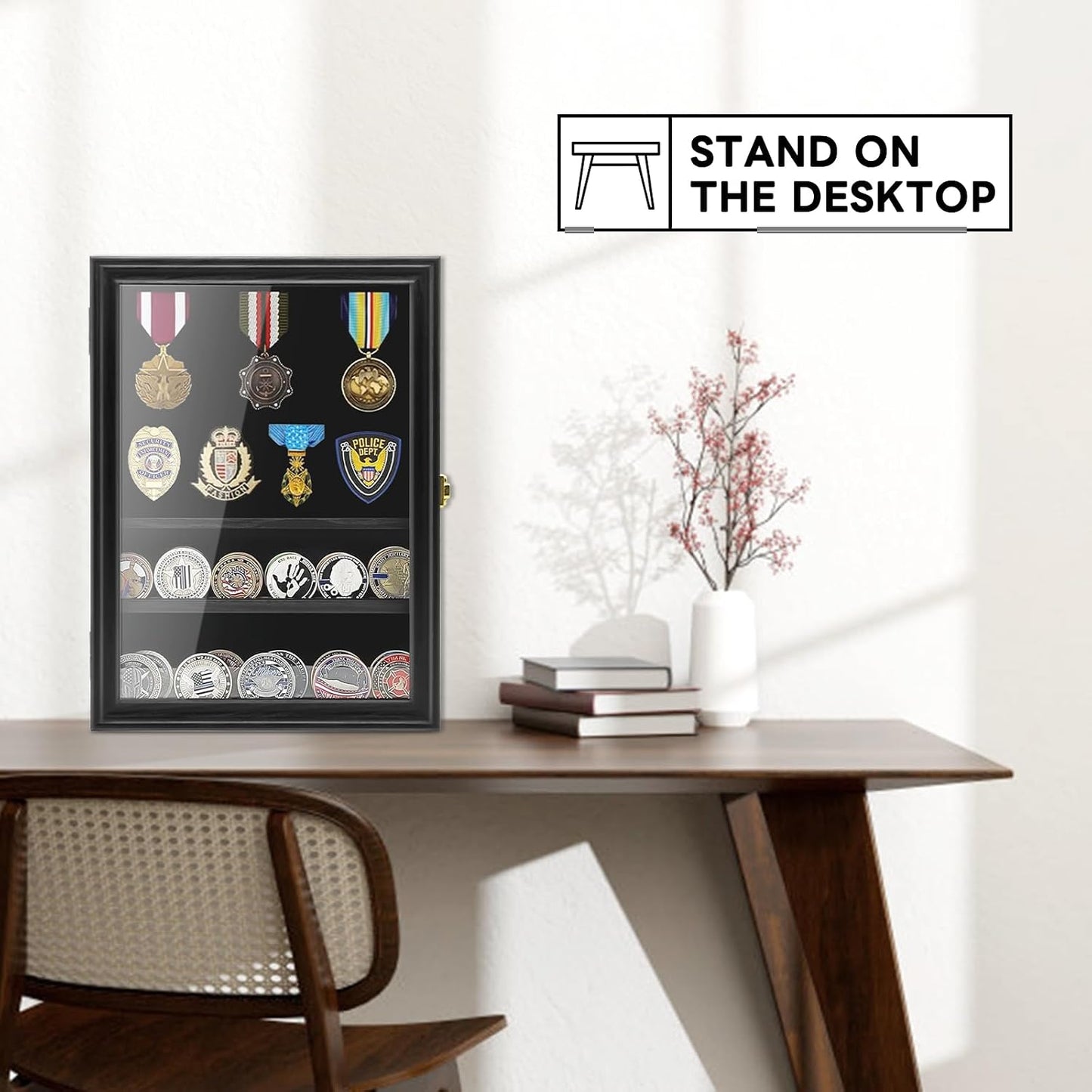 Military Challenge Coin Display Shadow Box Holds Up to 70 Coins, Lockable Wall-Mounted Cabinet for Medals, Pins