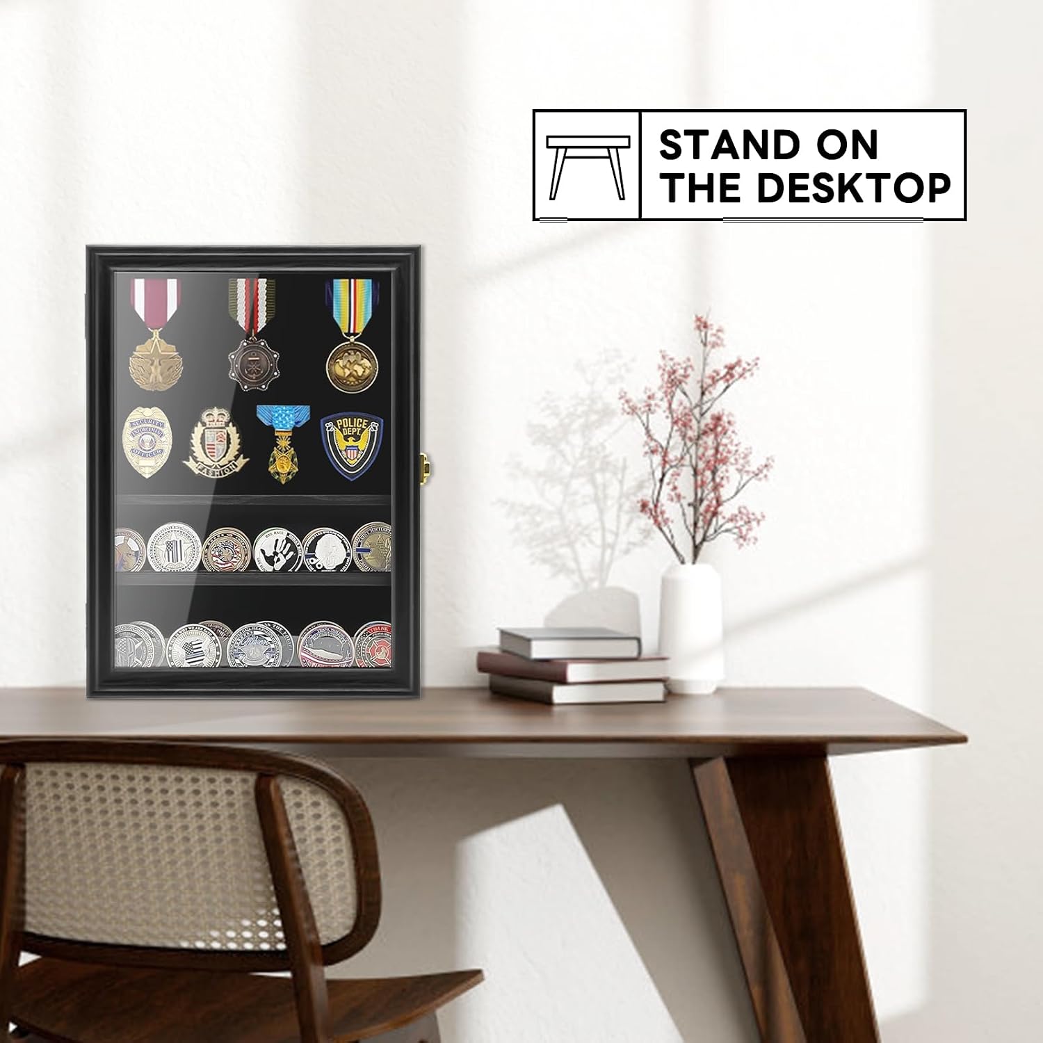 Military Challenge Coin Display Shadow Box Holds Up to 70 Coins, Lockable Wall-Mounted Cabinet for Medals, Pins