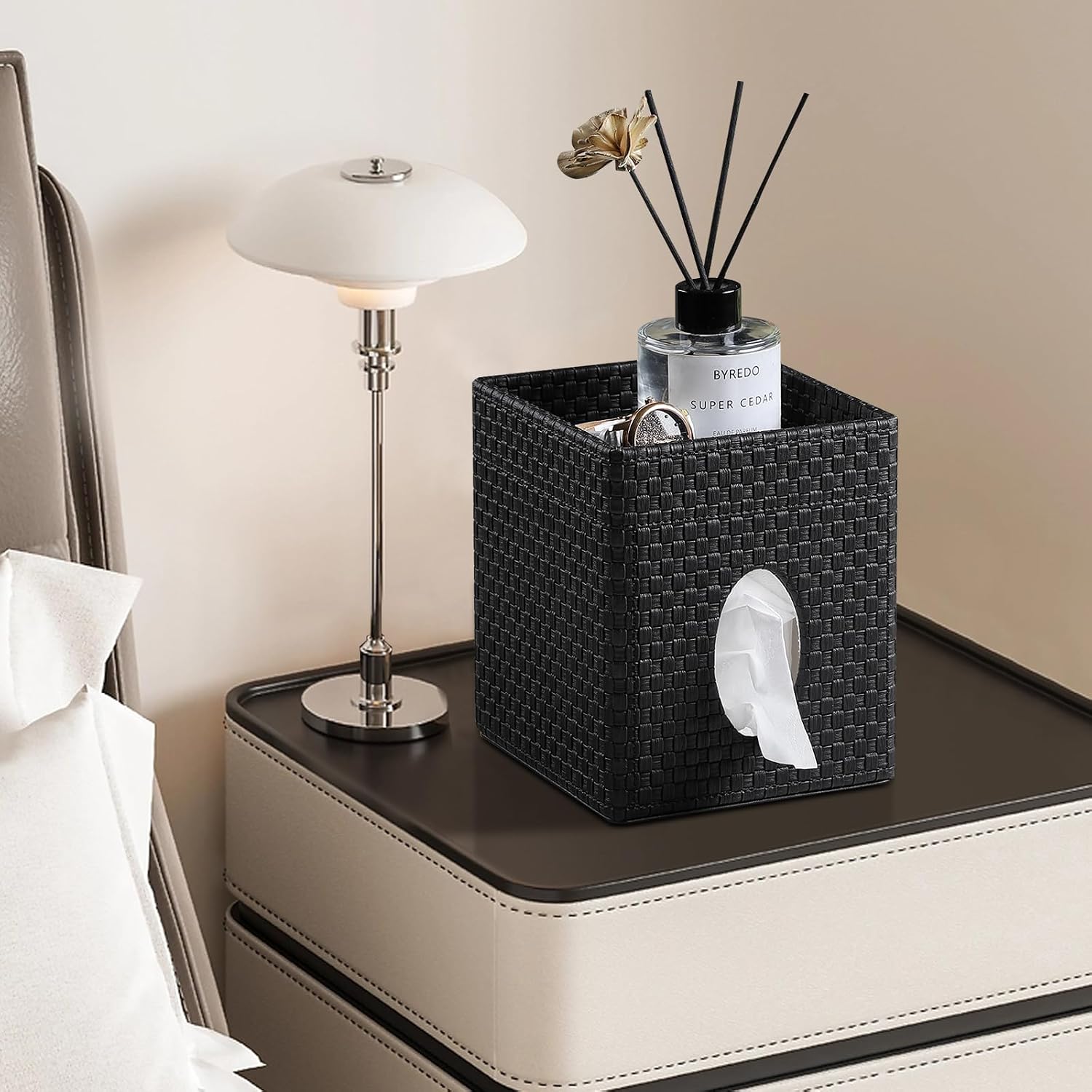 Storage Tray / Square Tissue Box Cover / Black Woven Pattern