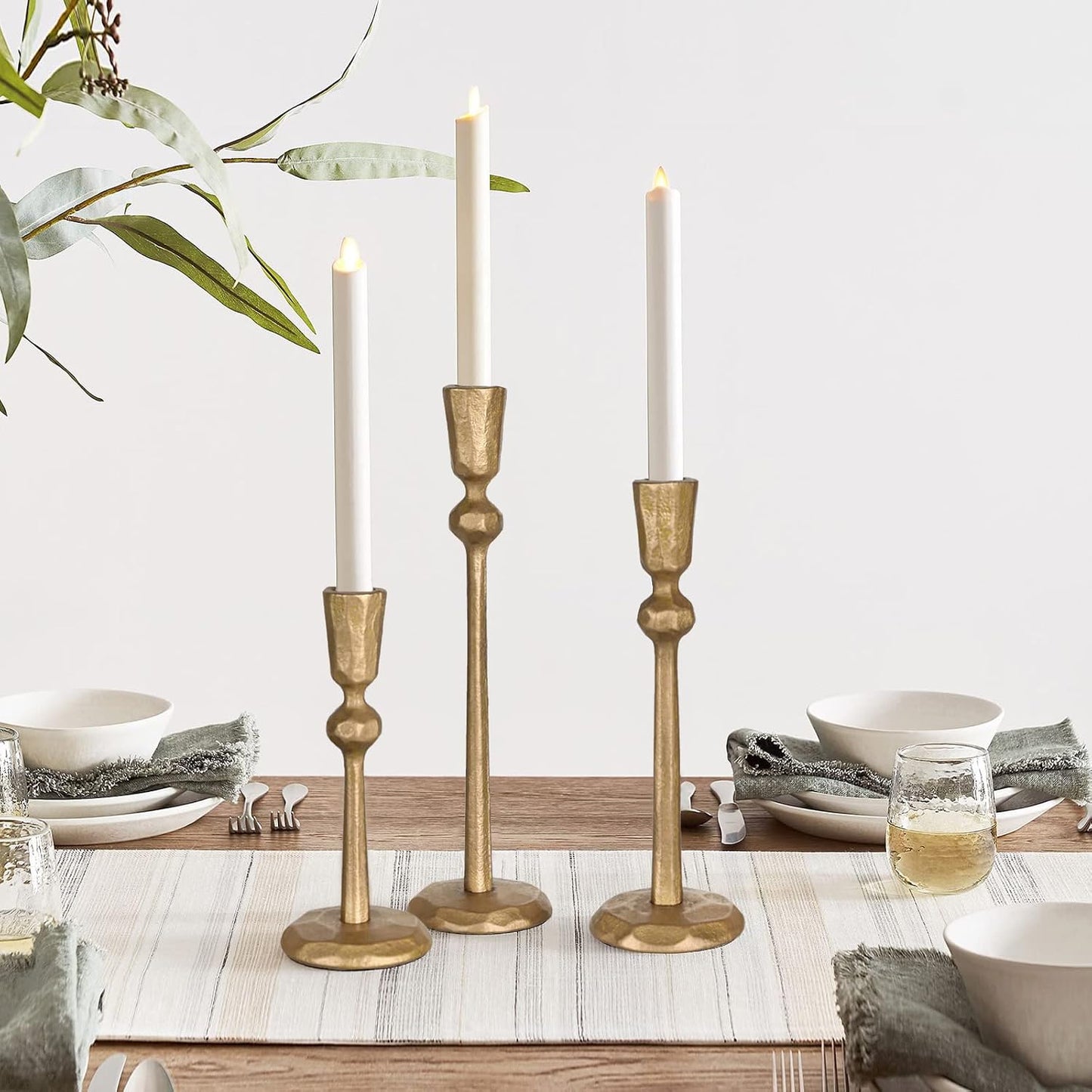Antique Brass Iron Taper Candle Holder - Set of 3 Decorative Candle Stand | Candlestick Holder for Wedding, Dinning