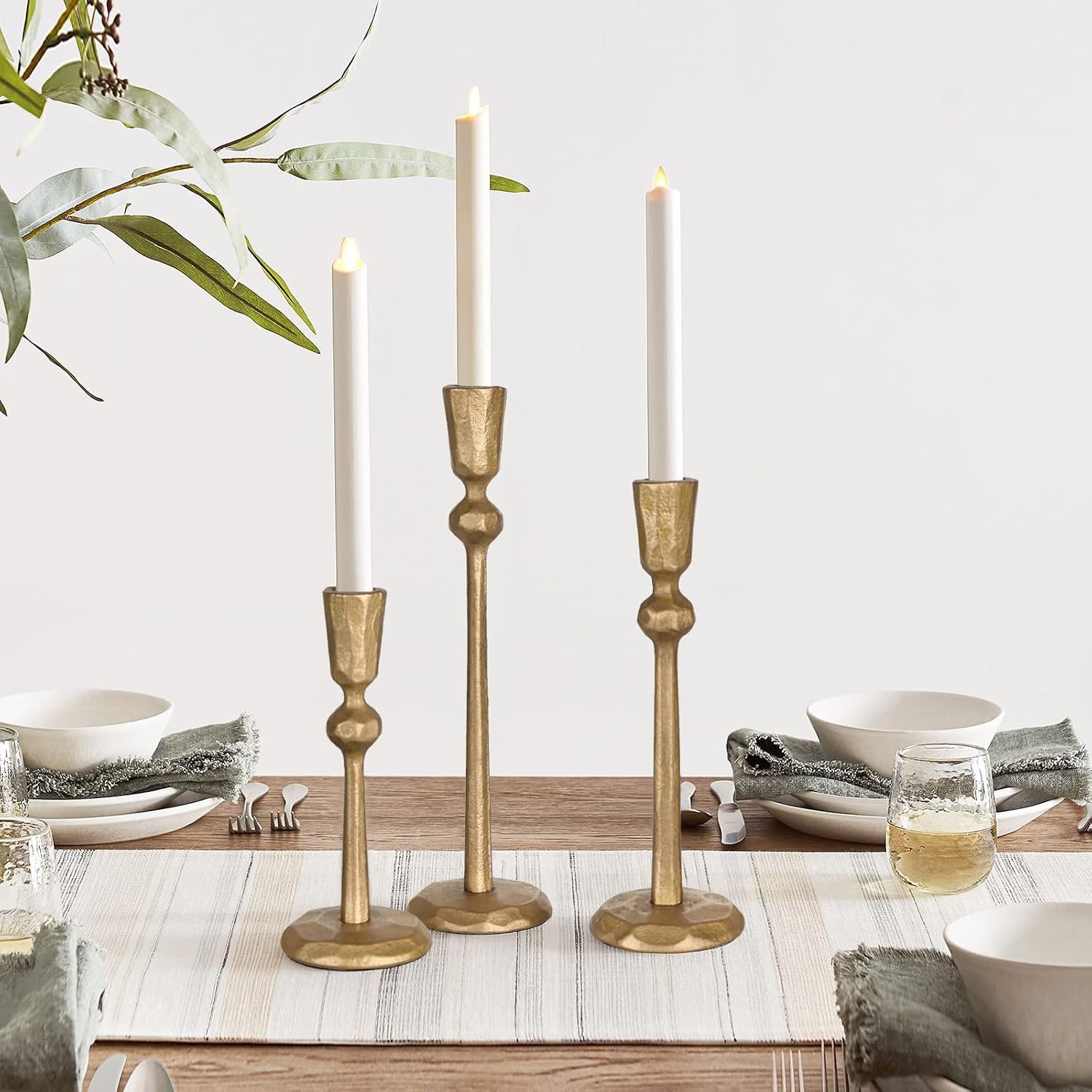 Antique Brass Iron Taper Candle Holder - Set of 3 Decorative Candle Stand | Candlestick Holder for Wedding, Dinning