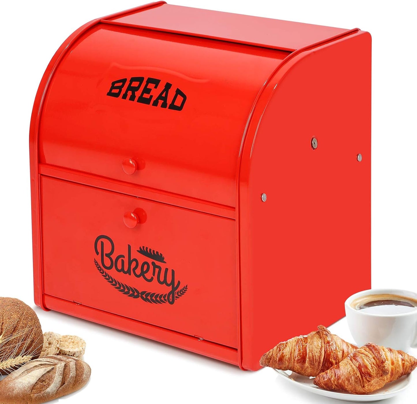 Widousy 2 Layer Metal Bread Boxes, Bread Box Storage Bin Kitchen Container with Roll Top Lid Iron Countertop Containers