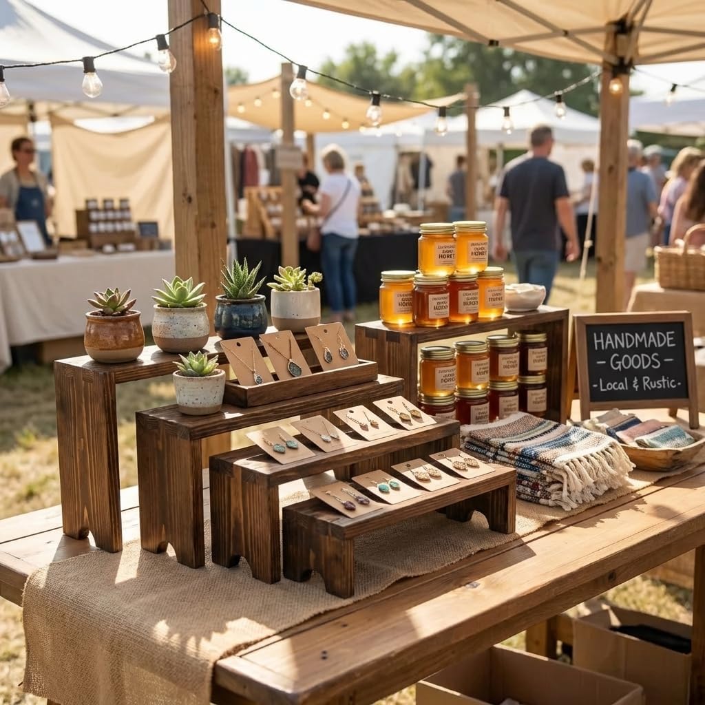 Wooden Tiered Risers Display Stand / Natural