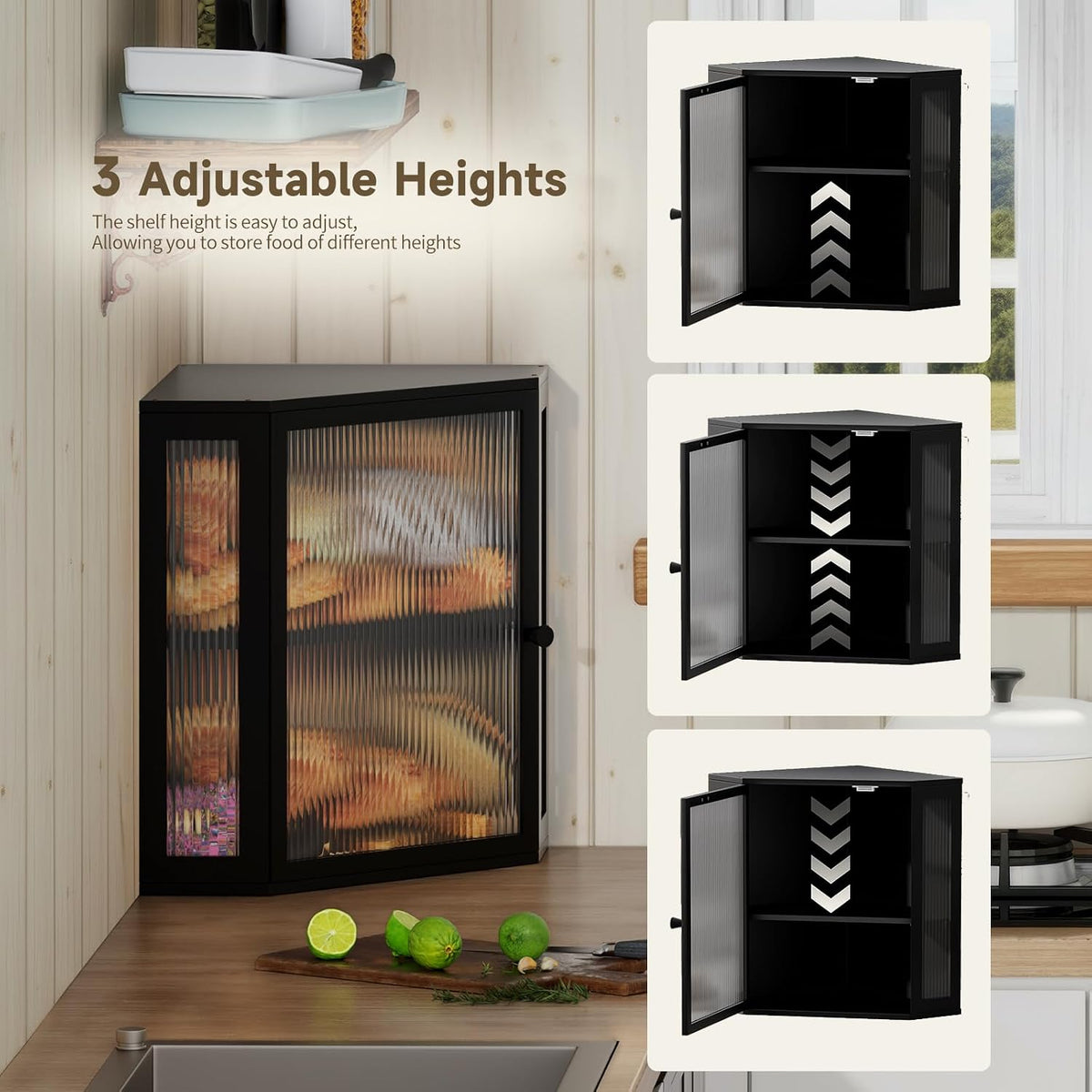 Corner Bread Box for Kitchen Countertop,Bread Storage (Black, Extra Large) | Double Layer Large Capacity Bamboo Bread
