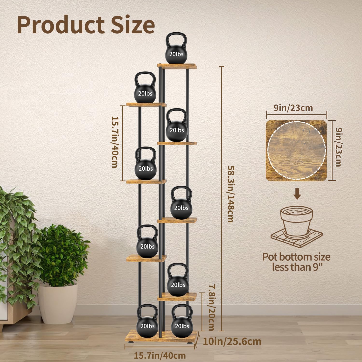 LASZOLA Plant Stand Shelf Tall for Indoor Corner, 7 Tier Wood Brown | Heavy Duty Multi Level Vertical Flower Rack for