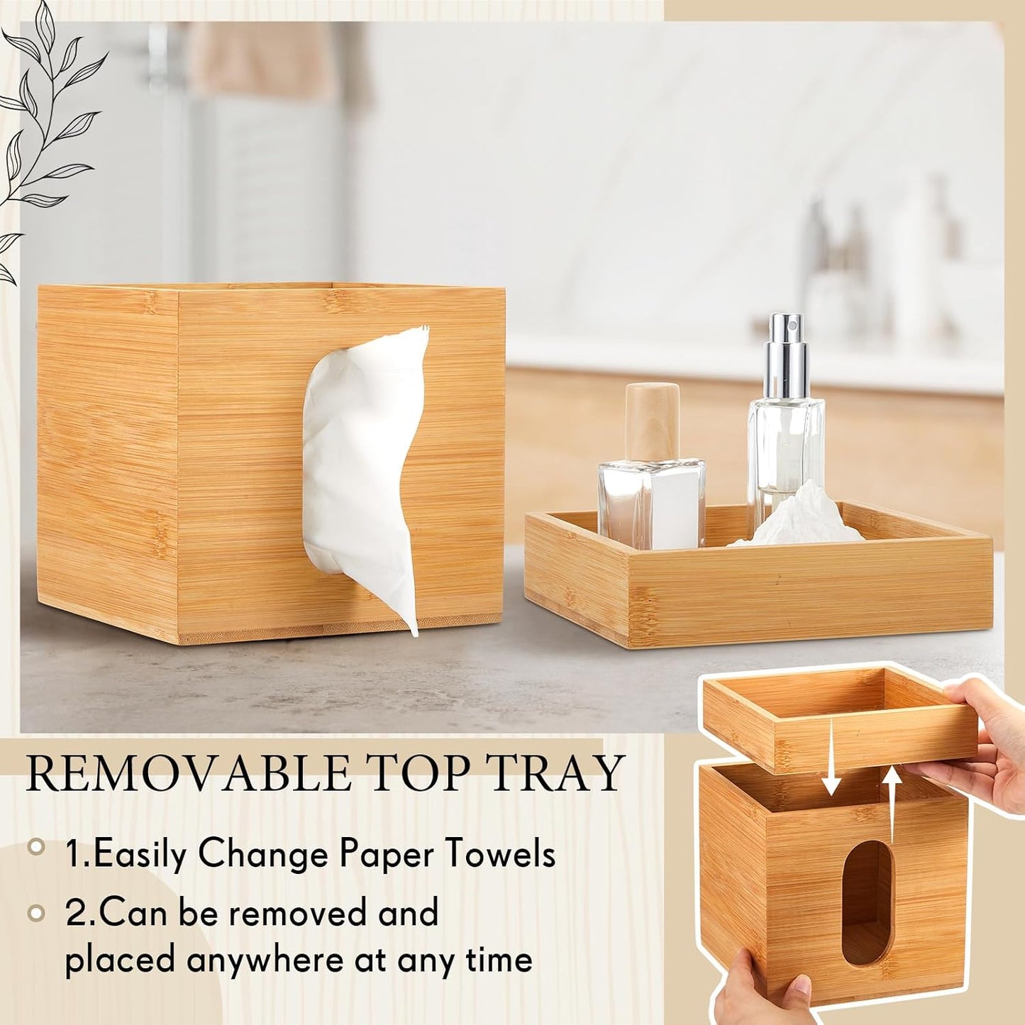 Bamboo Tissue Box Cover / 6 x 6 x 7.4