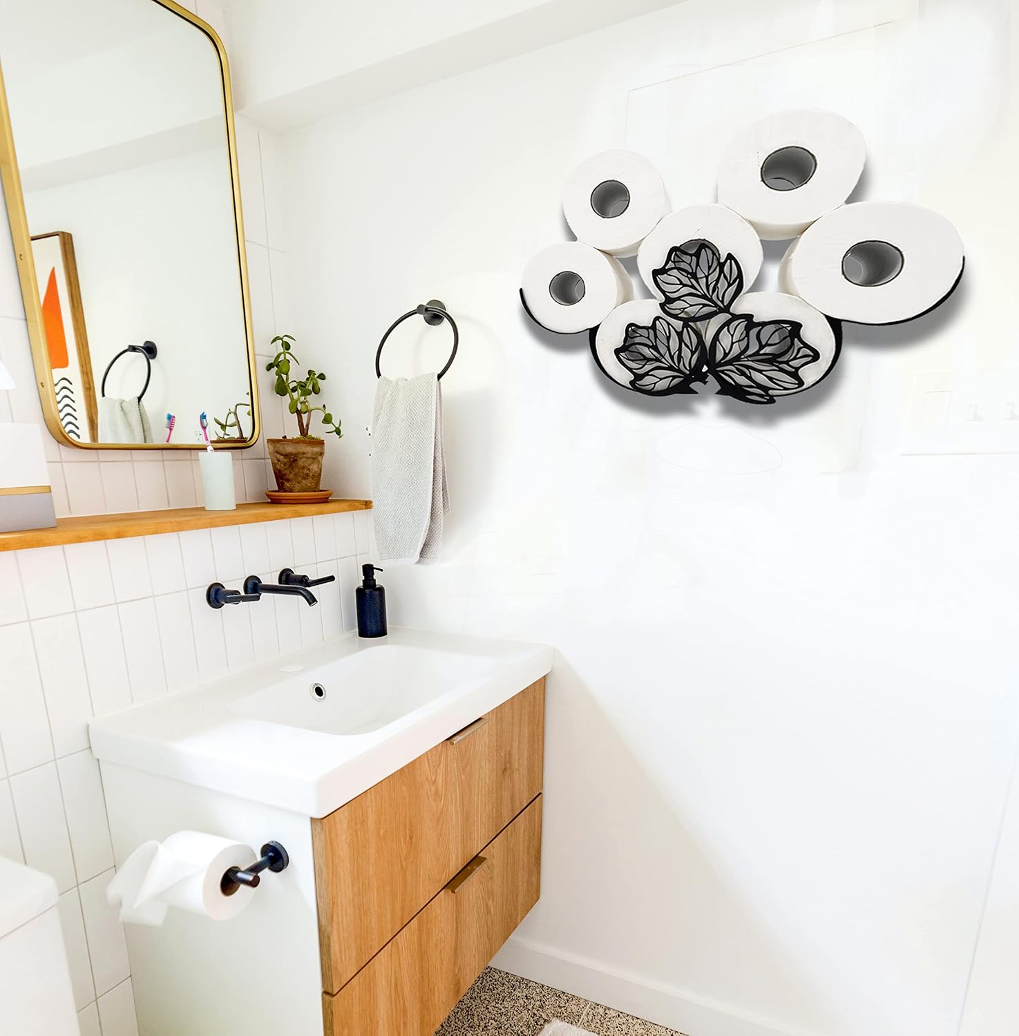 Leaves Metal Wall Toilet Tissue Holder, Black Toilet Paper Storage, Cute Wall Organizer for Bathrooms, Holds Extra 8