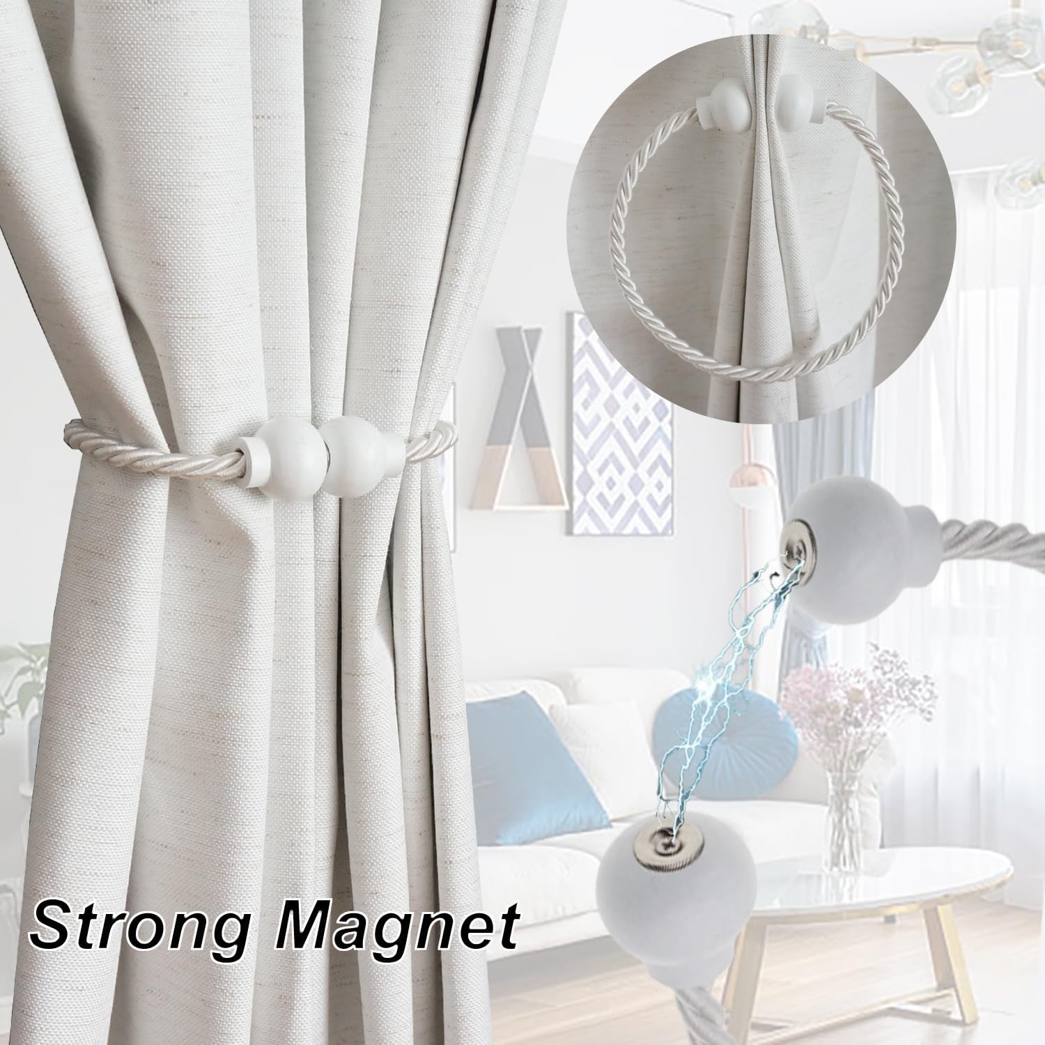 6Pcs Magnetic Curtain Tiebacks Modern Handmade Rope Curtain Tie Backs White | Decorative Drapes Weave Holdbacks for