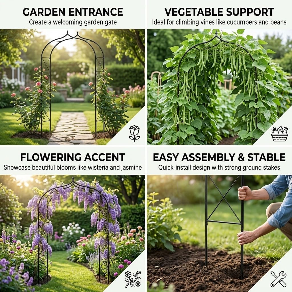 Metal Garden Arbors 8Ft Thickened Arch Trellis for Climbing Plants | Outdoor Arbor Rustproof Metal Frame Trellises