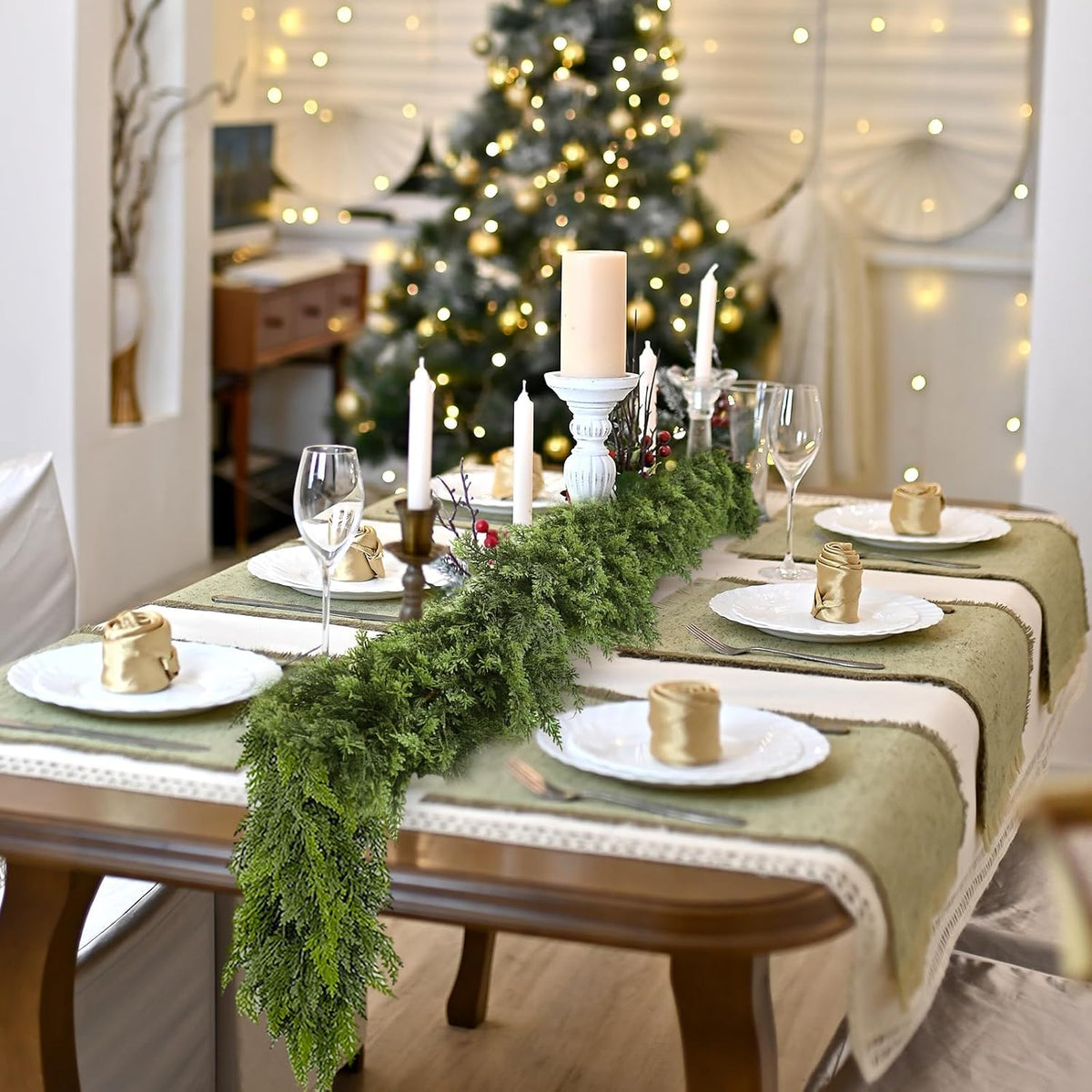 Whaline 15 Ft Christmas Norfolk Pine Garland Artificial Cedar Pine Garlands for Winter Xmas Indoor Outdoor Home Party