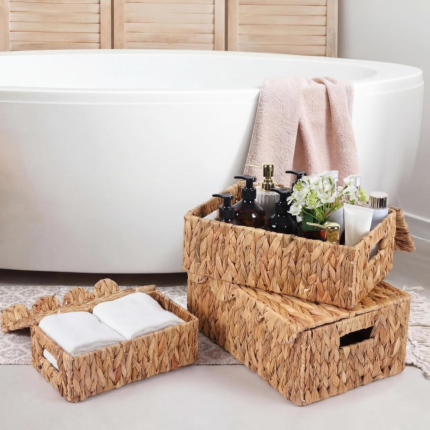 Large Wicker Storage Baskets / Natural Color / Water Hyacinth / Set of 3