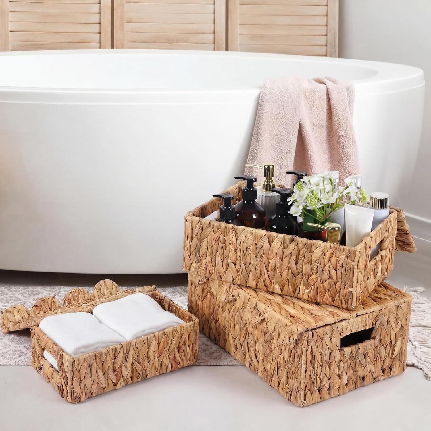 Large Wicker Storage Baskets / Natural Color / Water Hyacinth / Set of 3
