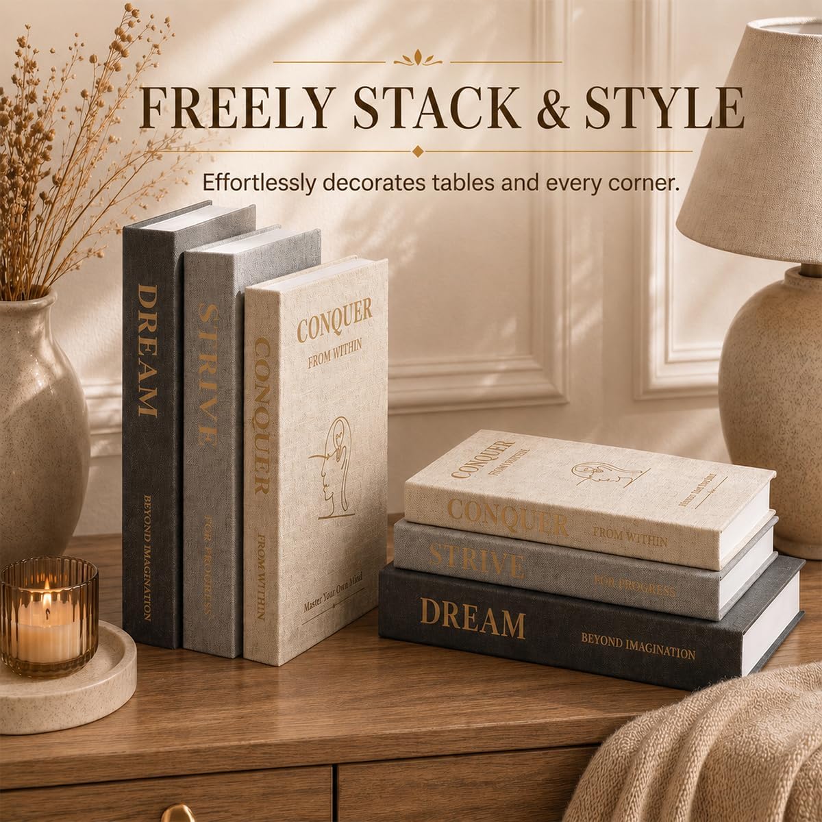 Neutral Linen Decorative Books / Gold / Set of 3