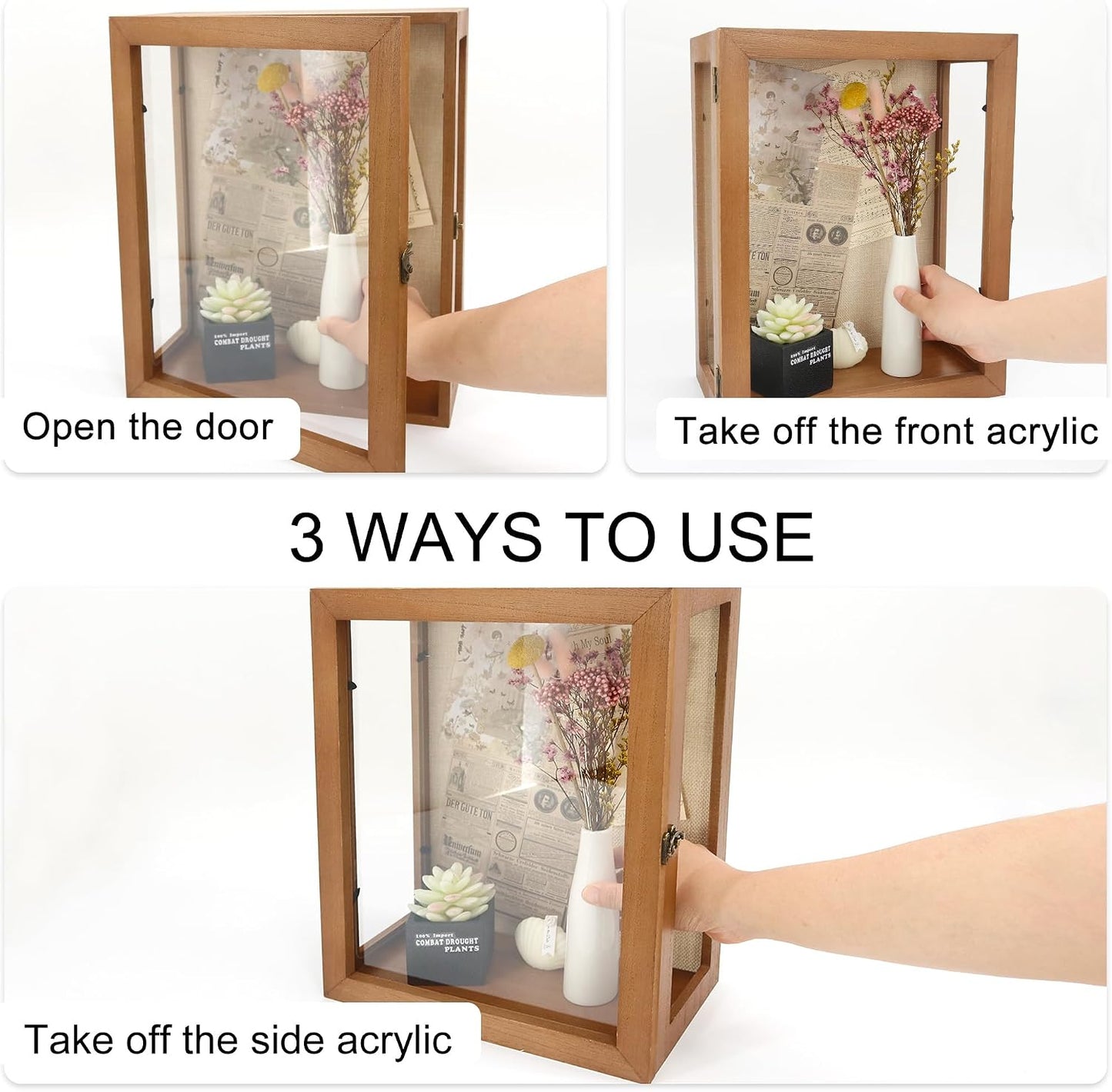 11x14x6 Extra Deep Shadow Box with 3 Removable Panels,Carbonized | Wood Display Case for Wall Mounted or Tabletop