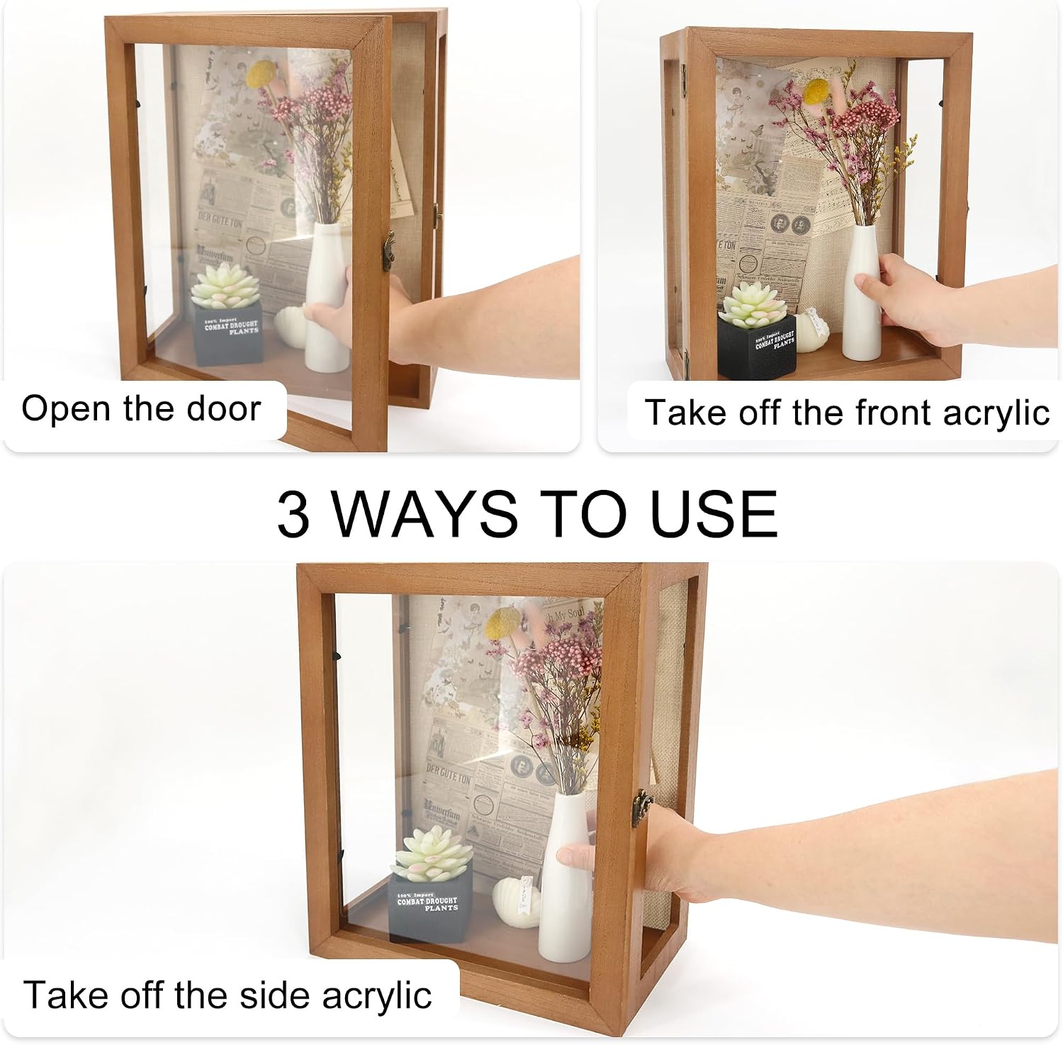 11x14x6 Extra Deep Shadow Box with 3 Removable Panels,Carbonized | Wood Display Case for Wall Mounted or Tabletop