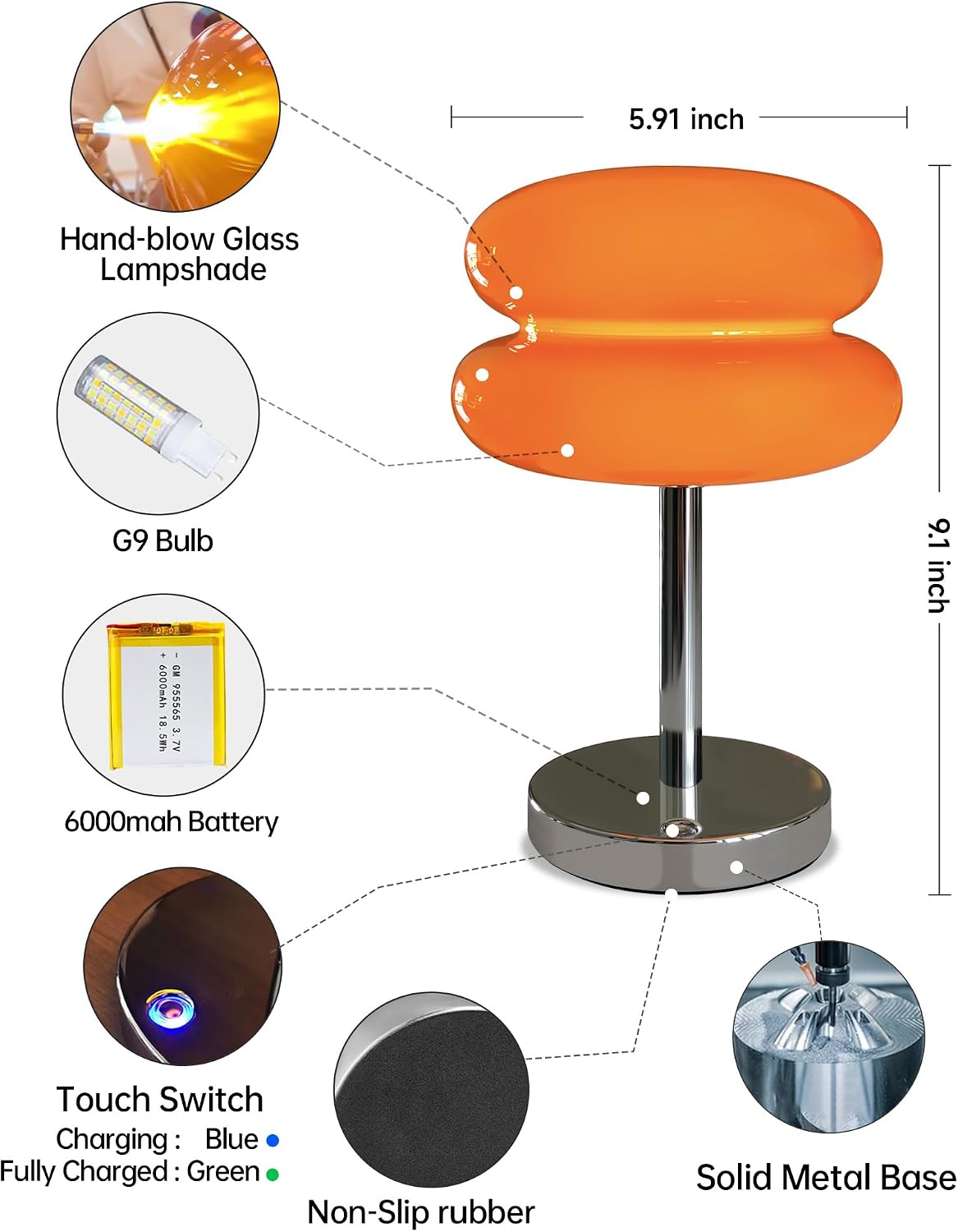 Cordless Orange Mushroom Lamp, Mid Century Modern Glass Lamp 6000mAh Rechargeable Small Table Lamps, Cute Cool Desk