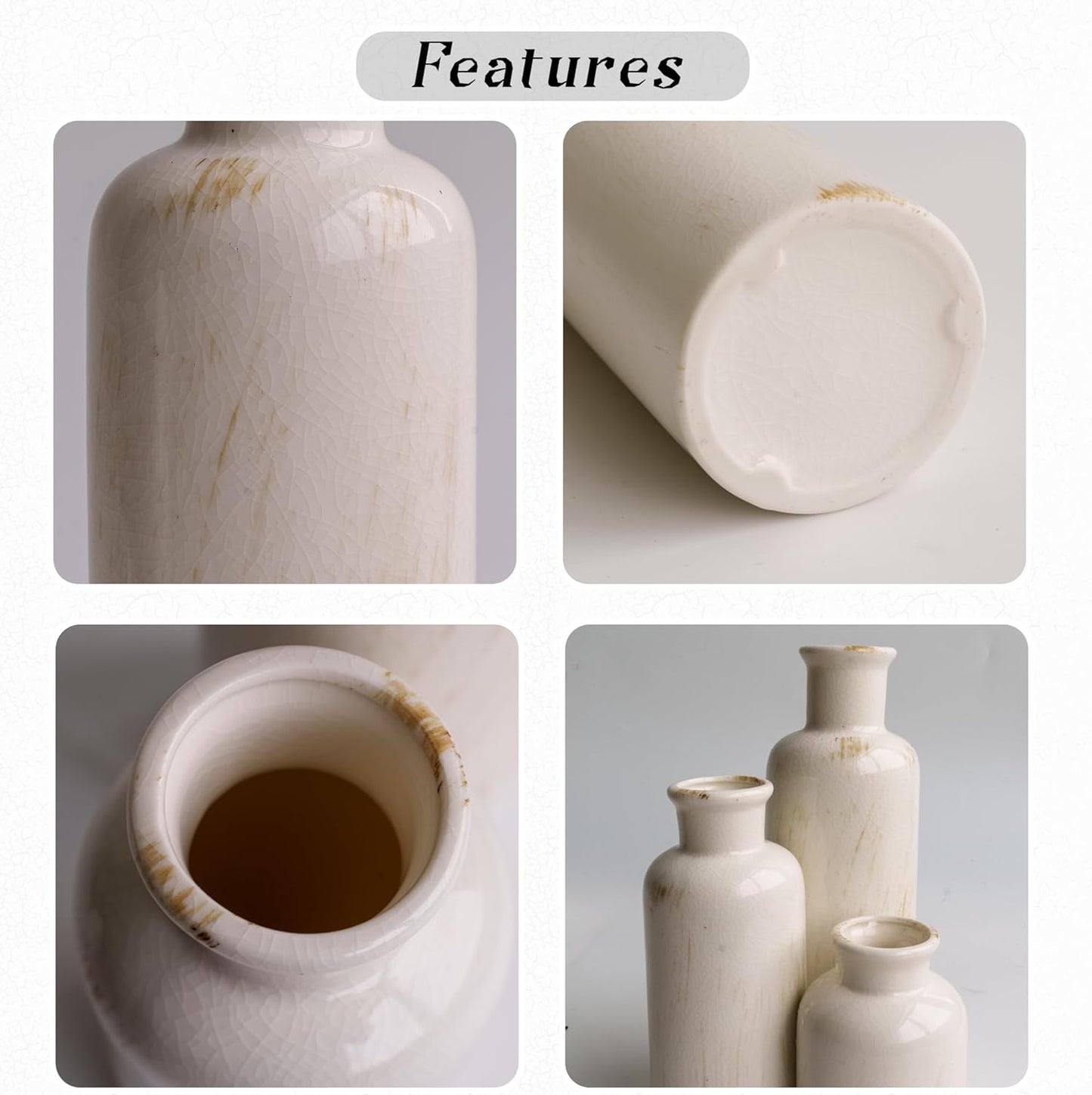 3 White Ceramic Vases / Beige