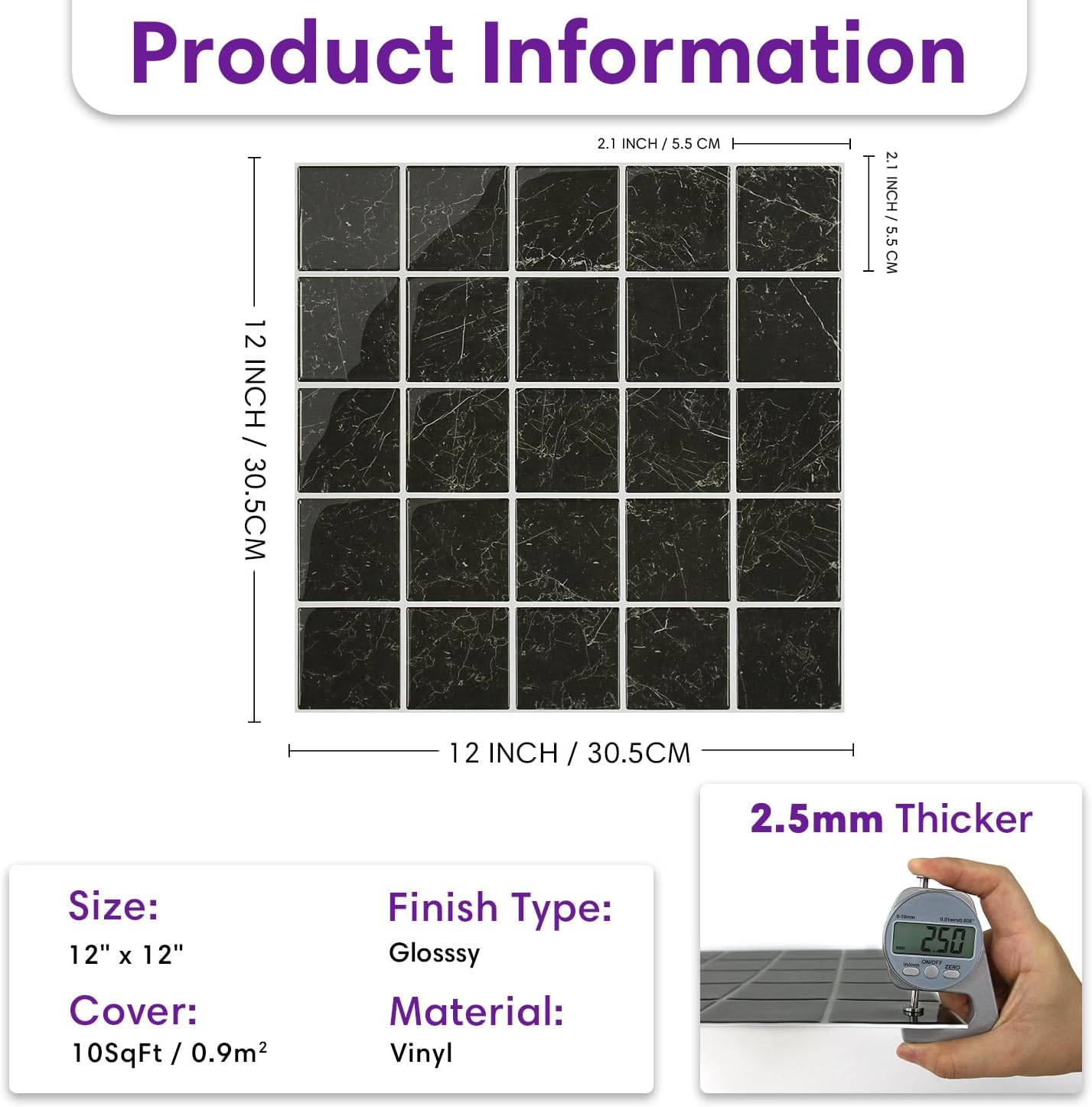 Thicker Marble Peel and Stick Backsplash Tiles- of "-3D / ST-SM-B / Black / 12 x 12 / Set of 10