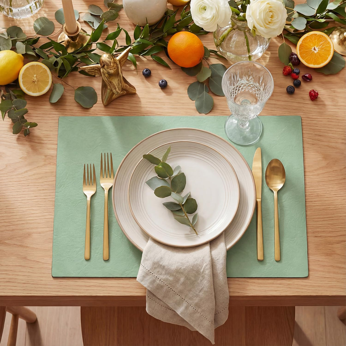 Artoid Mode Sage Faux Leather Placemats Set of 6, 12x18 Inch Waterproof Wipeable Heat Resistant Vinyl Place Mats