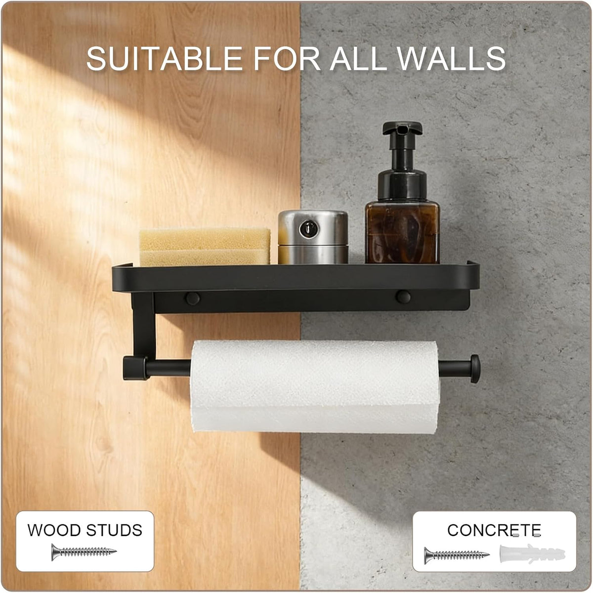 Paper Towel Holder Wall Mount with Shelf, Bathroom/Kitchen Paper Towel Holder, Effortless One-Handed Tear, Rust-Proof