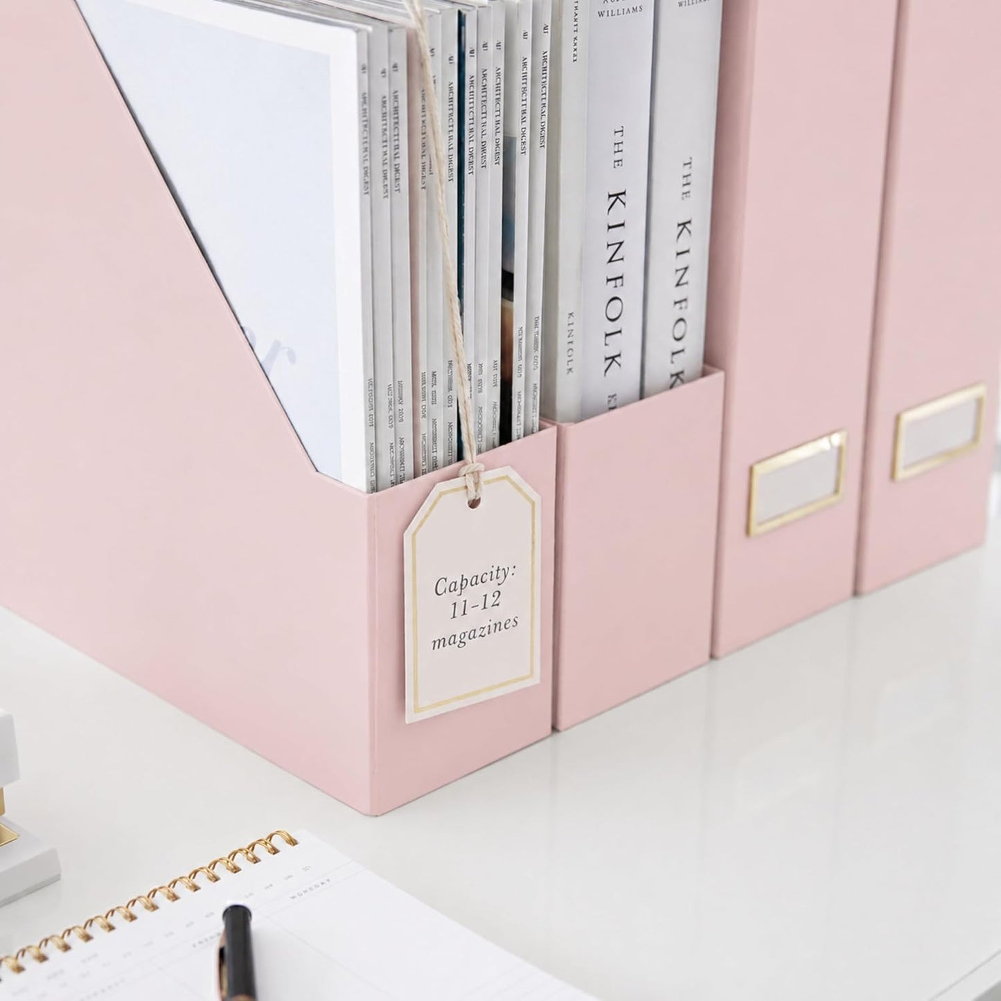 BLU MONACO | Cardboard Magazine File Holder Set of 6 Pink | Vertical Magazine File Holder with Gold Label Slots