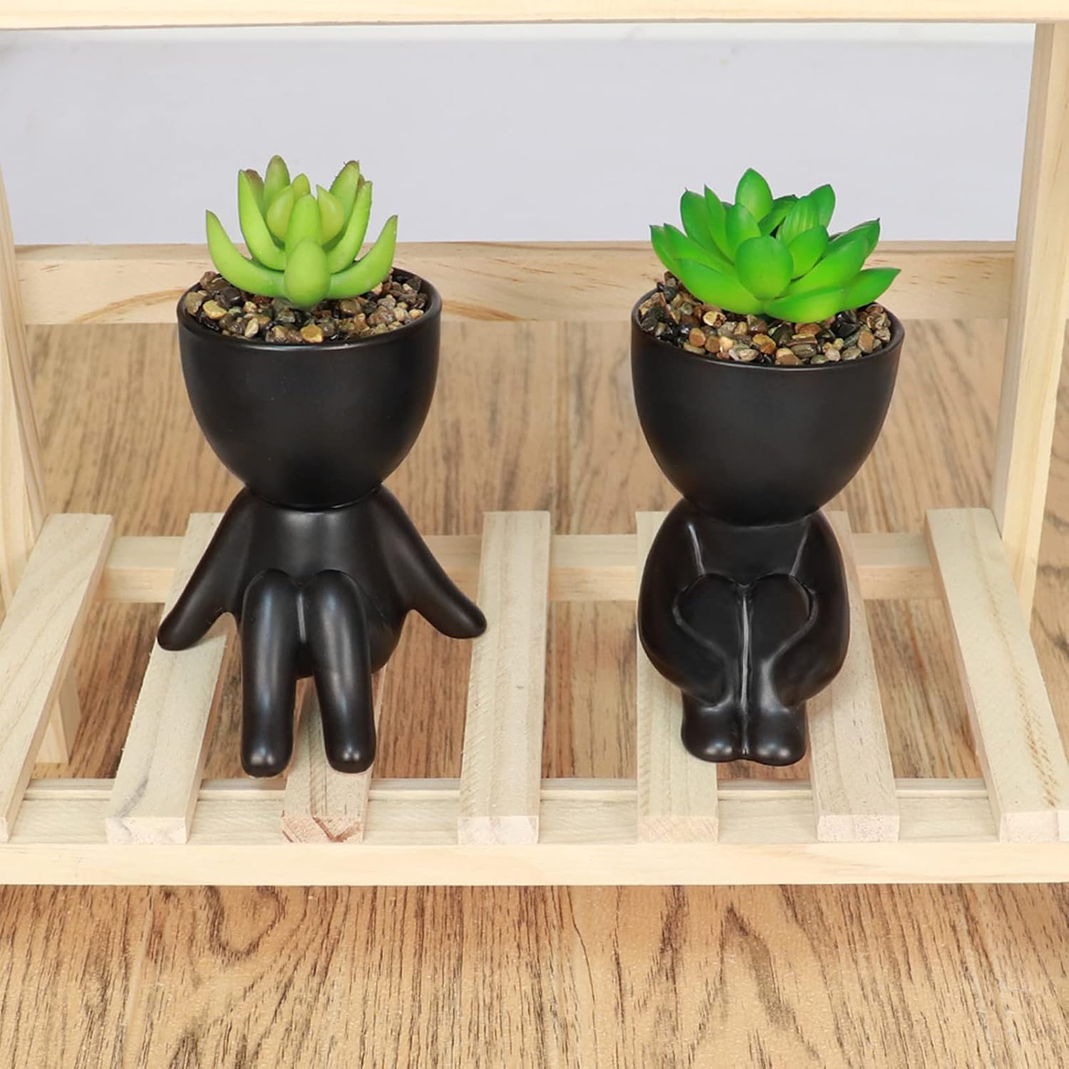 Artificial Succulent Plants in Human Shaped Pots / Black / Set of 4