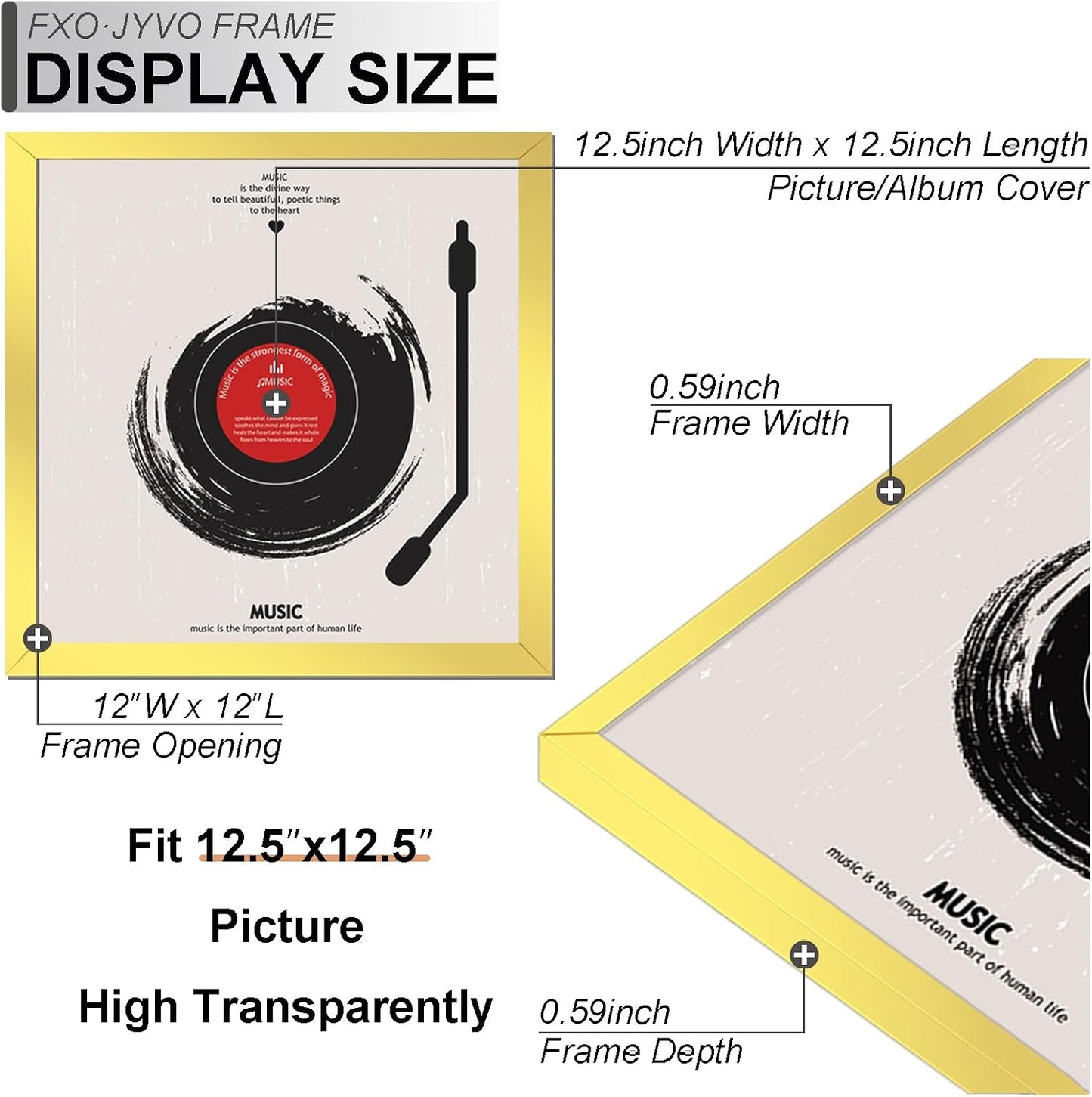 Vinyl Record Frame Display for 12 inch LP with 12.5x12.5 Album Cover | Gold 12.5 x 12.5 Frame Light Weight with