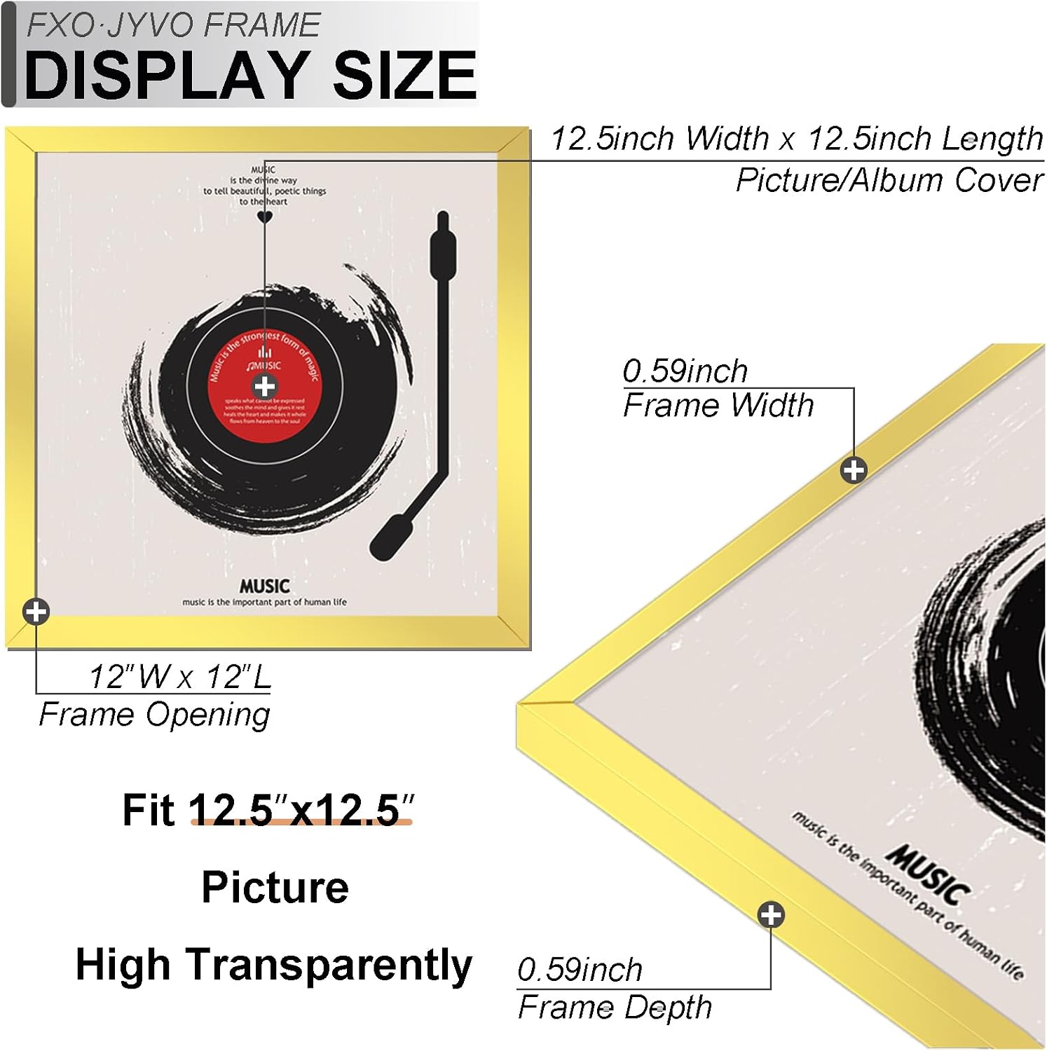 Vinyl Record Frame Display for 12 inch LP with 12.5x12.5 Album Cover | Gold 12.5 x 12.5 Frame Light Weight with