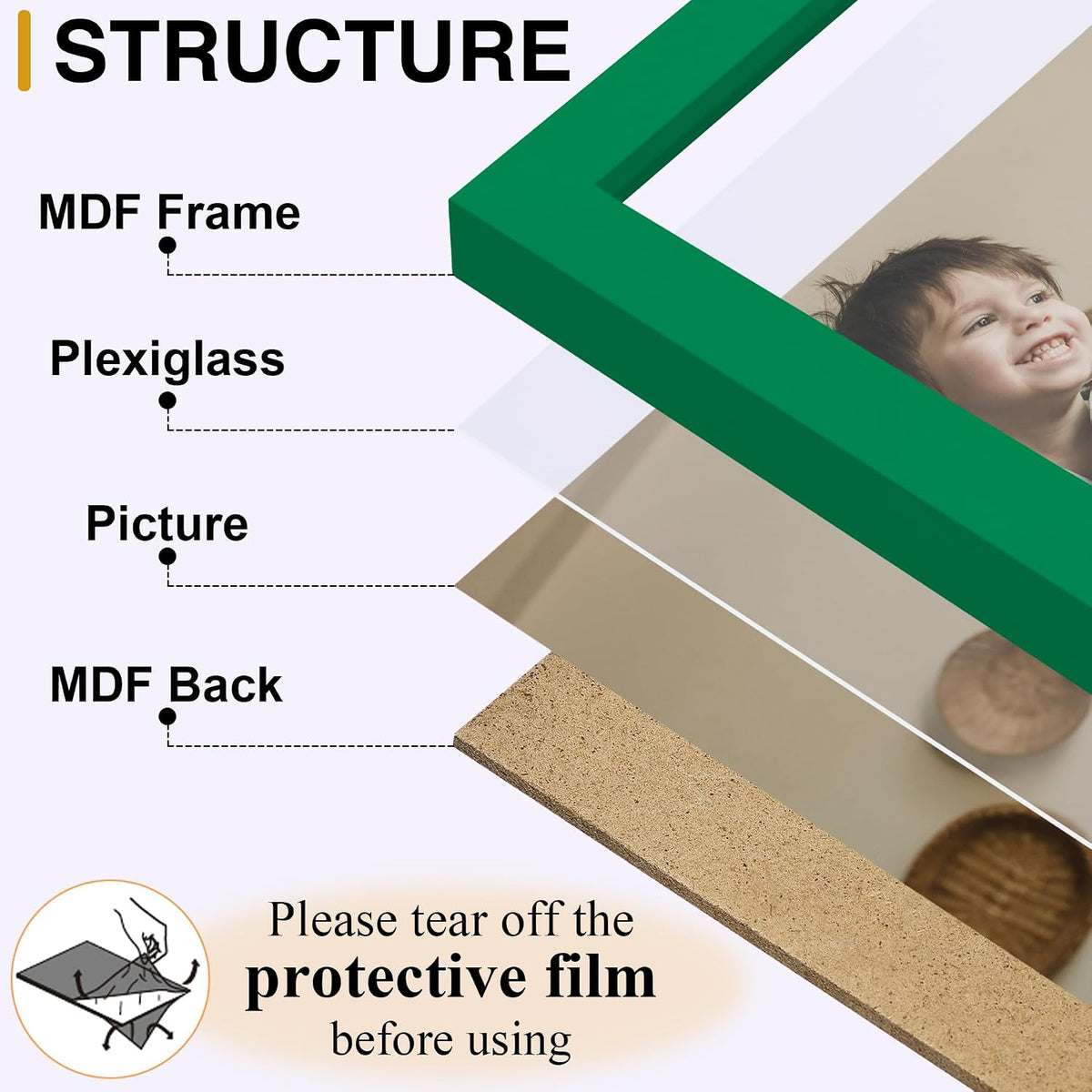 decorUhome Green Triple 7x5 Picture Frame Horizontal, MDGN08 | "Z" Shape Folding Design Engineered Wood Trifold Photo