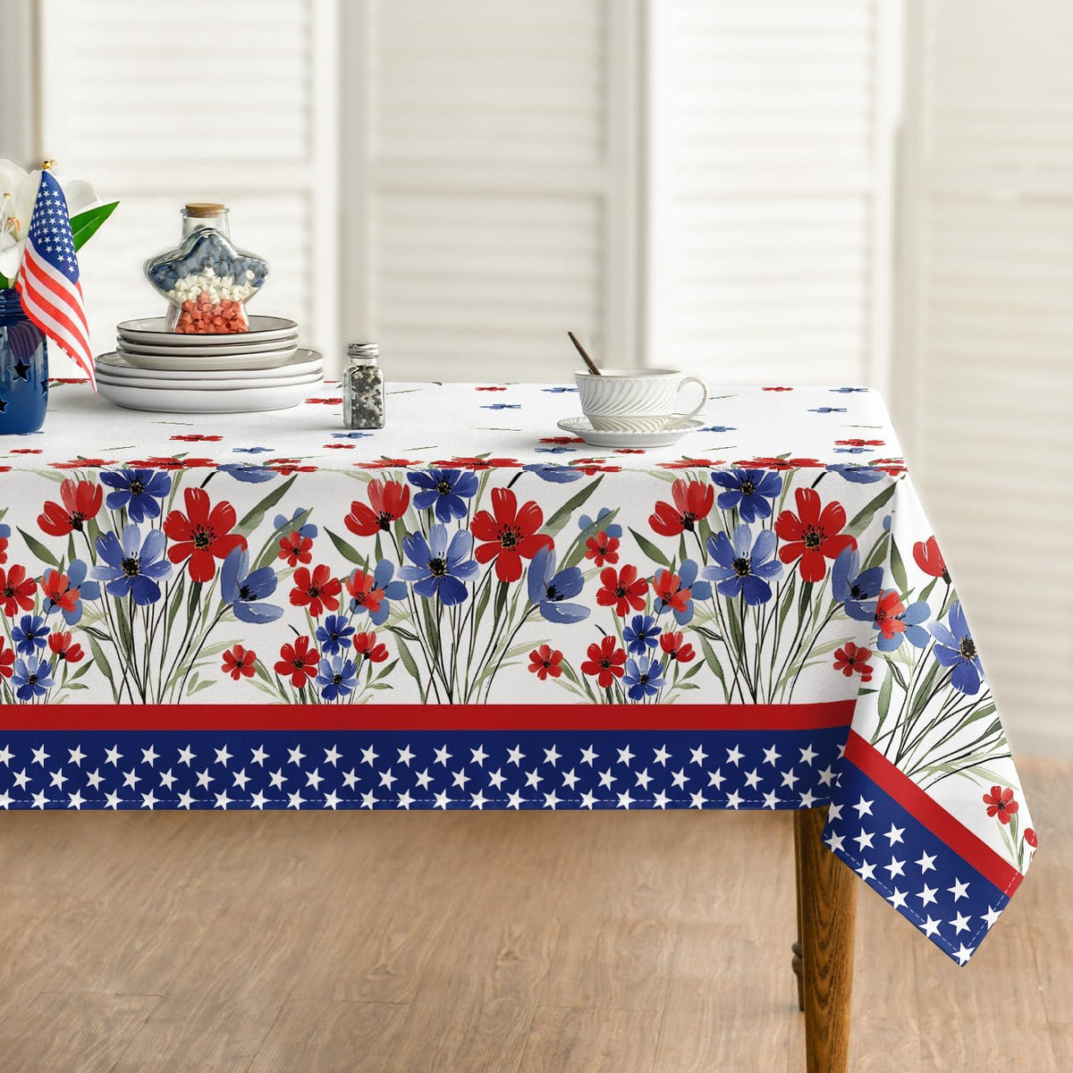 4th of July Tablecloth 54x54 Inch Square, Patriotic Memorial Day Flowers Print Decorations for Home Table Cloth, Independence Day Blue Seasonal Decor Tablecloths Polyester for Picnic Party Supplies