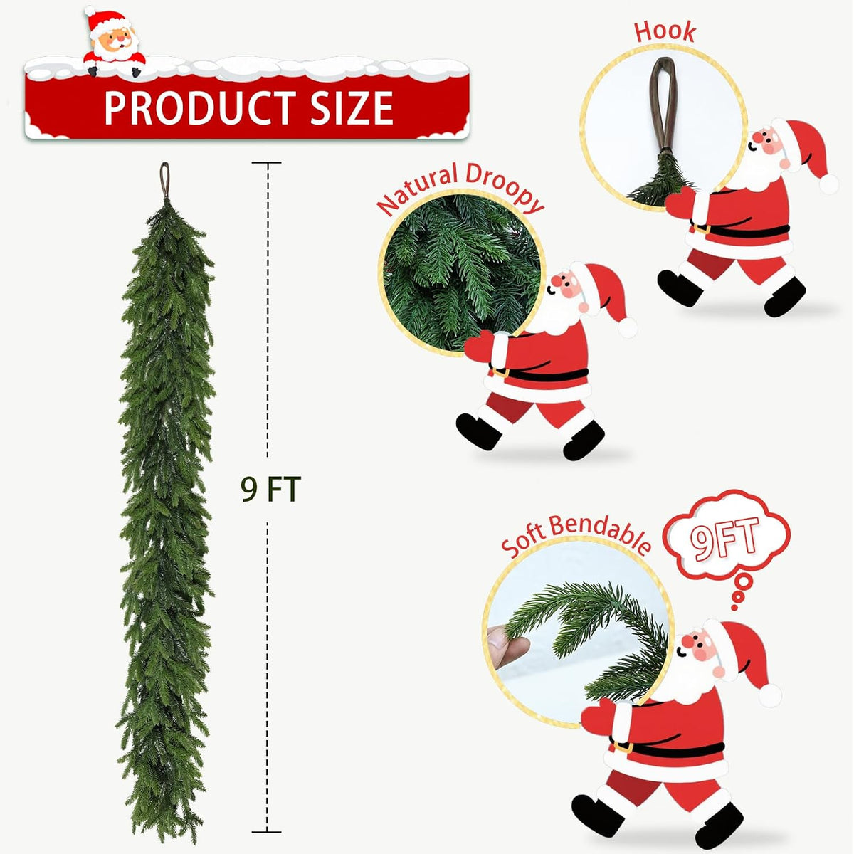 9Ft Christmas Garland Realistic Fuller,Natural Droopy,Bendable Mantle Garland for Table Mantle Wall, Garlands for