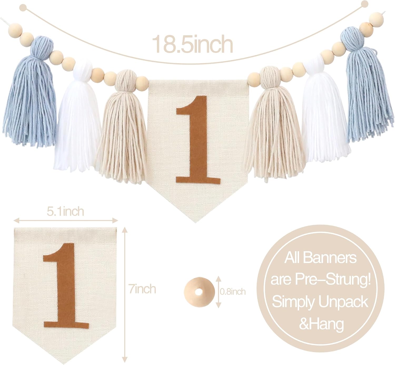 Handmade Boho Blue 1st Birthday High Chair Banner for Baby Boys Wall Hangings Wood / Brown and Blue
