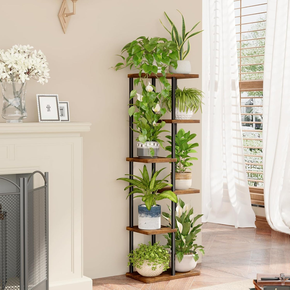 Bamworld Plant Stand 6 Tier Tall Shelf for Multiple Plants Brown | Tiered indoor shelf adds vertical display space to