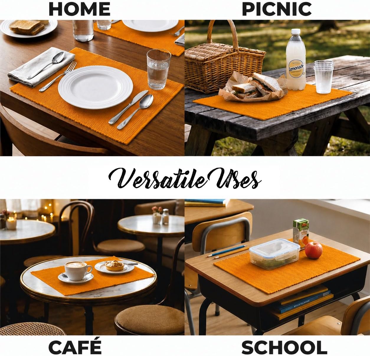 100% Cotton Ribbed Placemats - Set of 4-13 x 19 Inches - Orange - Everyday/Fall/Thanksgiving/Halloween Cloth Table Mats